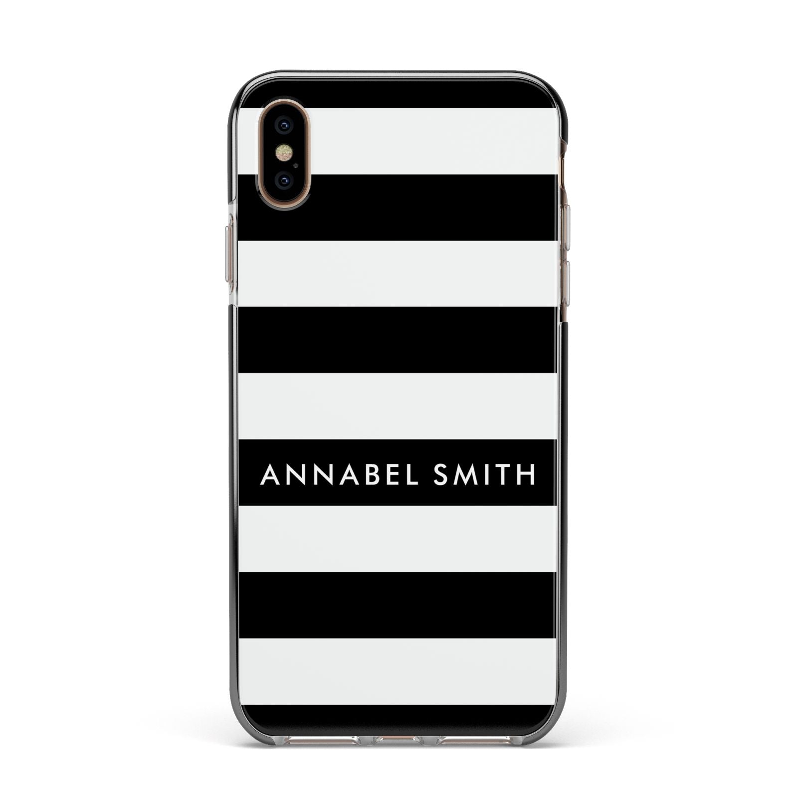 Personalised Black Striped Name or Initials Apple iPhone Xs Max Impact Case Black Edge on Gold Phone