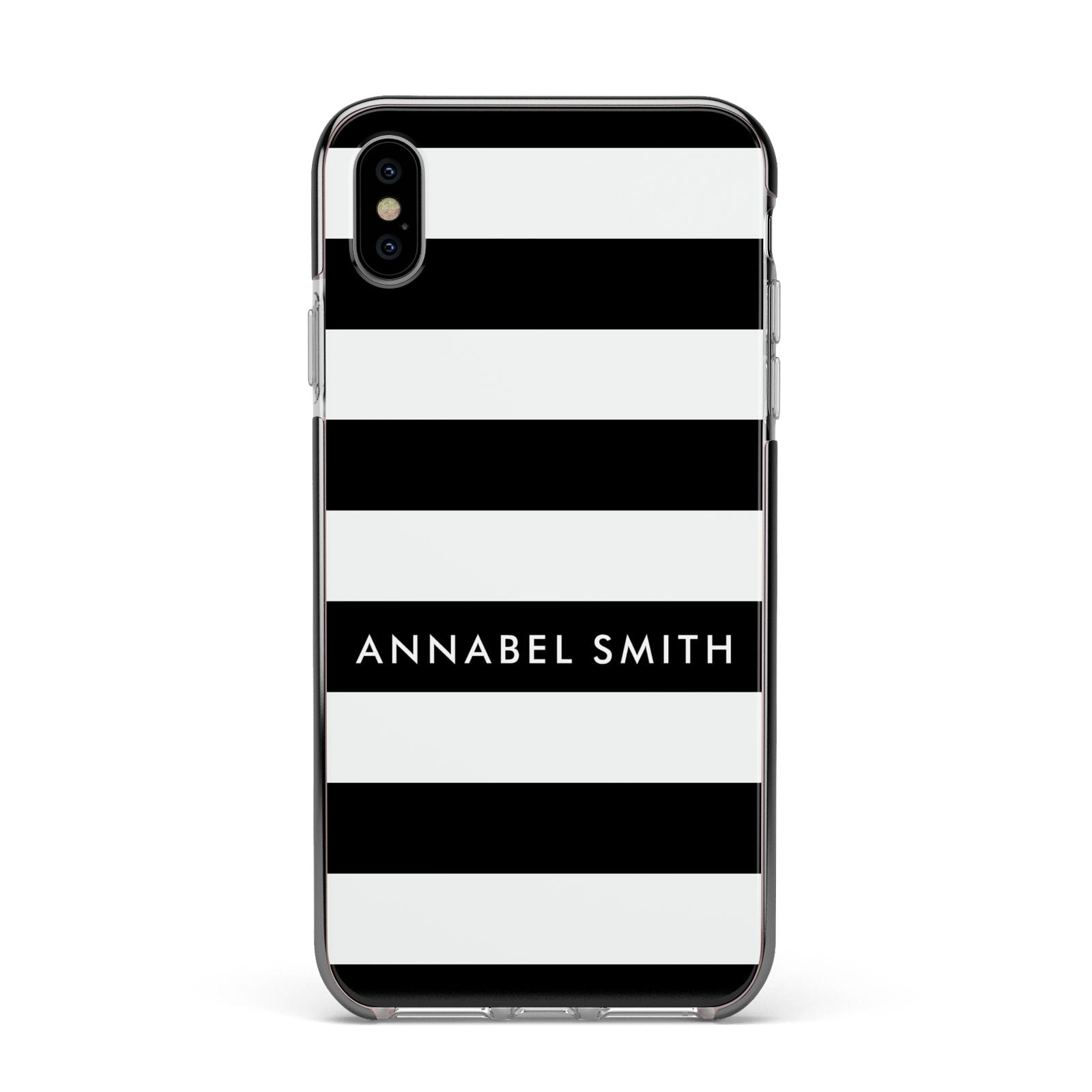Personalised Black Striped Name or Initials Apple iPhone Xs Max Impact Case Black Edge on Silver Phone