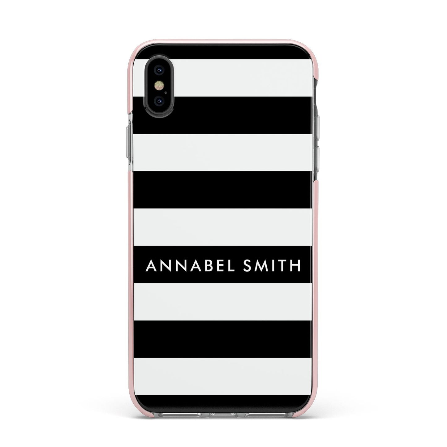 Personalised Black Striped Name or Initials Apple iPhone Xs Max Impact Case Pink Edge on Black Phone