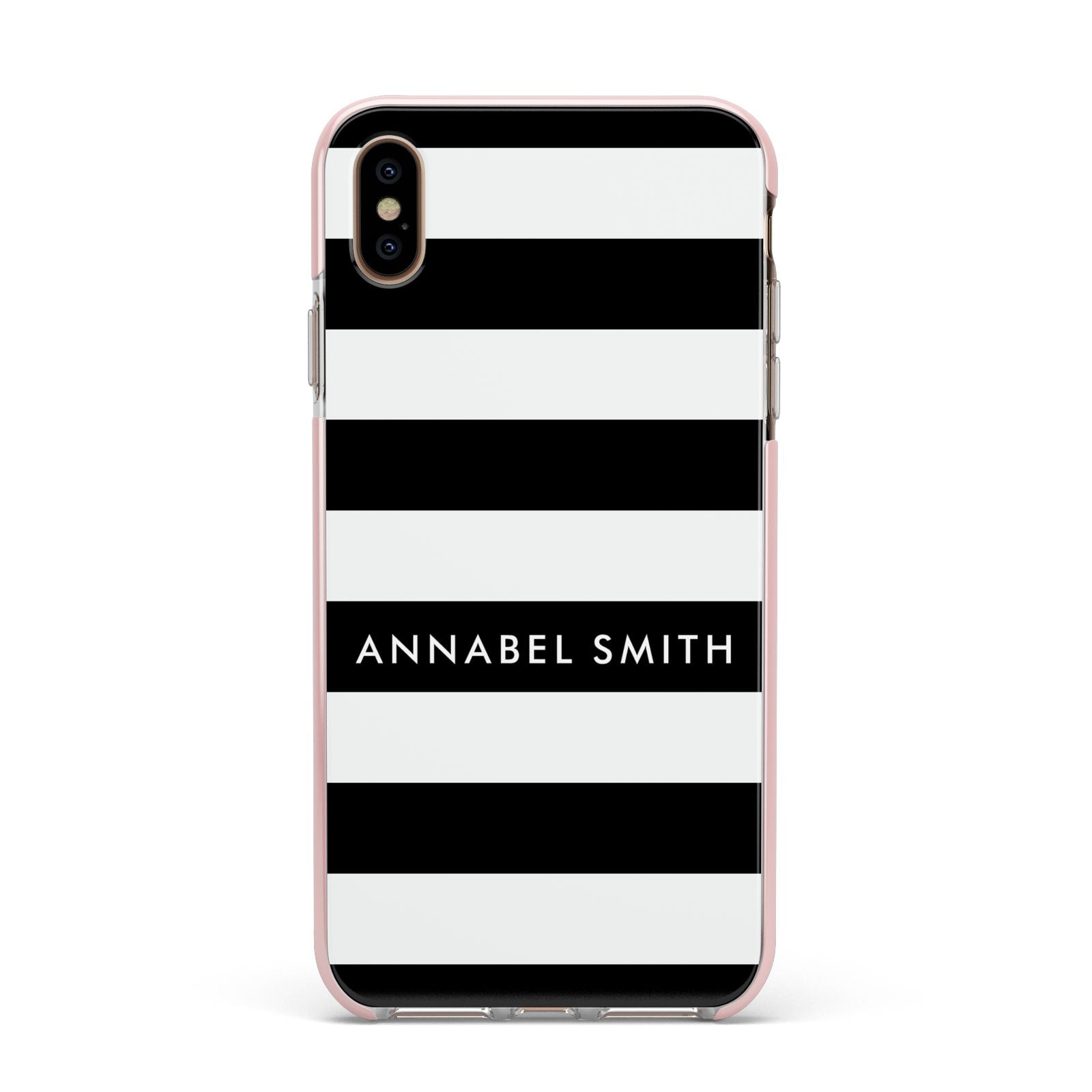 Personalised Black Striped Name or Initials Apple iPhone Xs Max Impact Case Pink Edge on Gold Phone