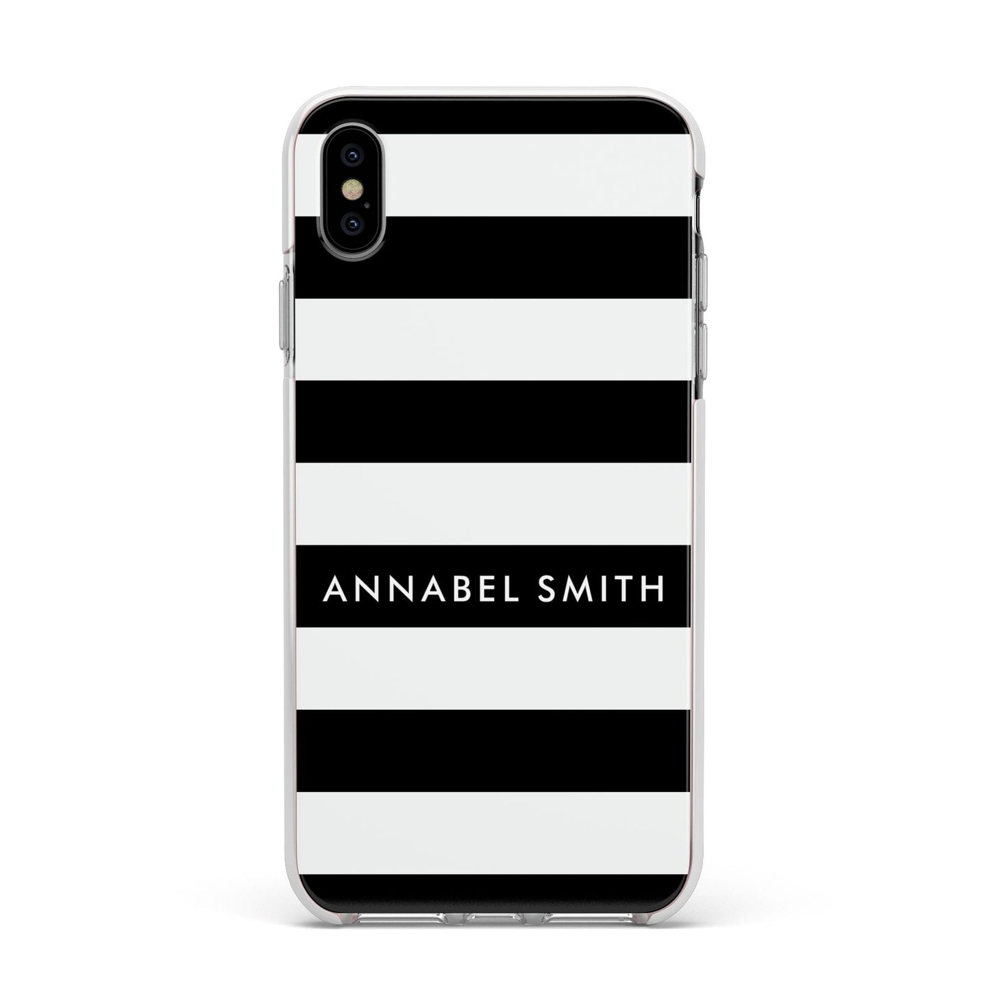 Personalised Black Striped Name or Initials Apple iPhone Xs Max Impact Case White Edge on Silver Phone