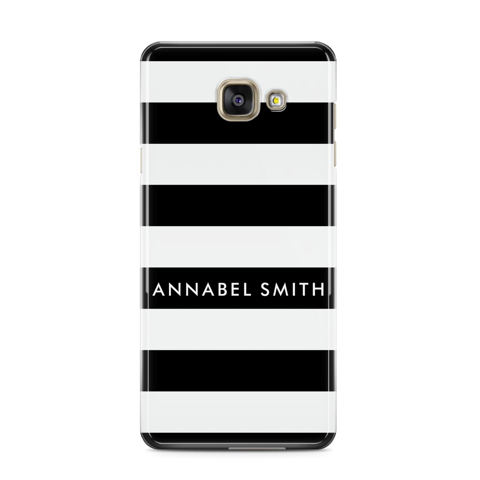 Personalised Black Striped Name or Initials Samsung Galaxy A3 2016 Case on gold phone