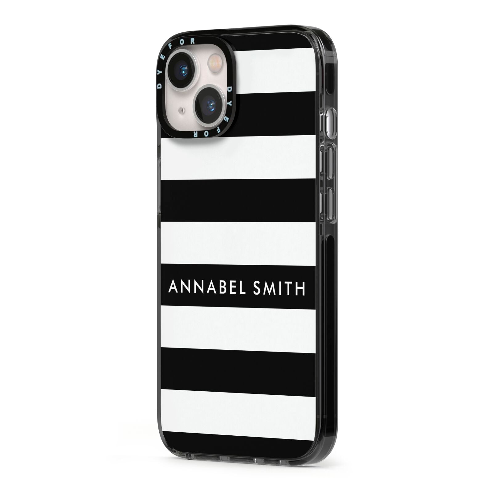 Personalised Black Striped Name or Initials iPhone 13 Black Impact Case Side Angle on Silver phone