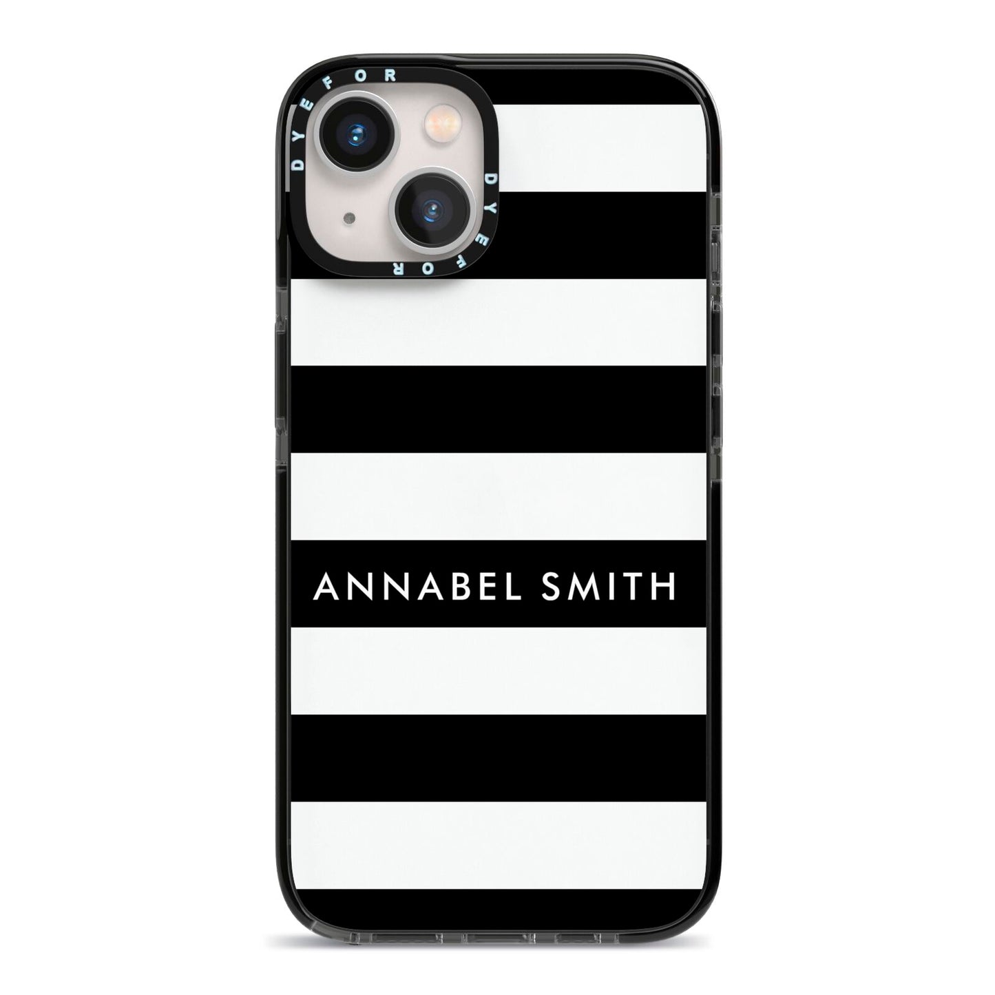 Personalised Black Striped Name or Initials iPhone 13 Black Impact Case on Silver phone
