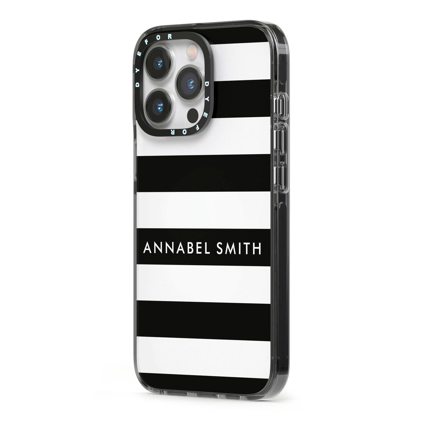 Personalised Black Striped Name or Initials iPhone 13 Pro Black Impact Case Side Angle on Silver phone