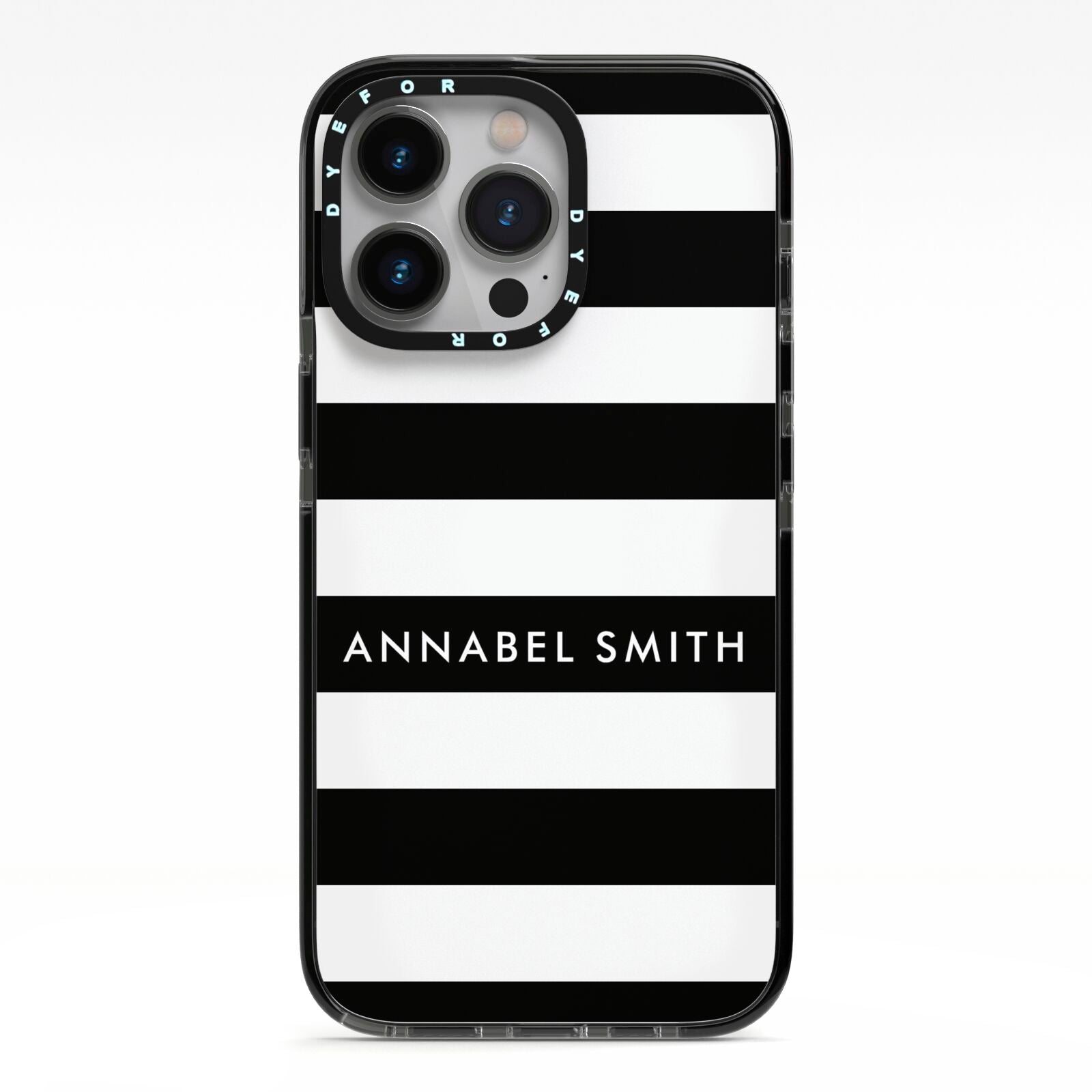 Personalised Black Striped Name or Initials iPhone 13 Pro Black Impact Case on Silver phone