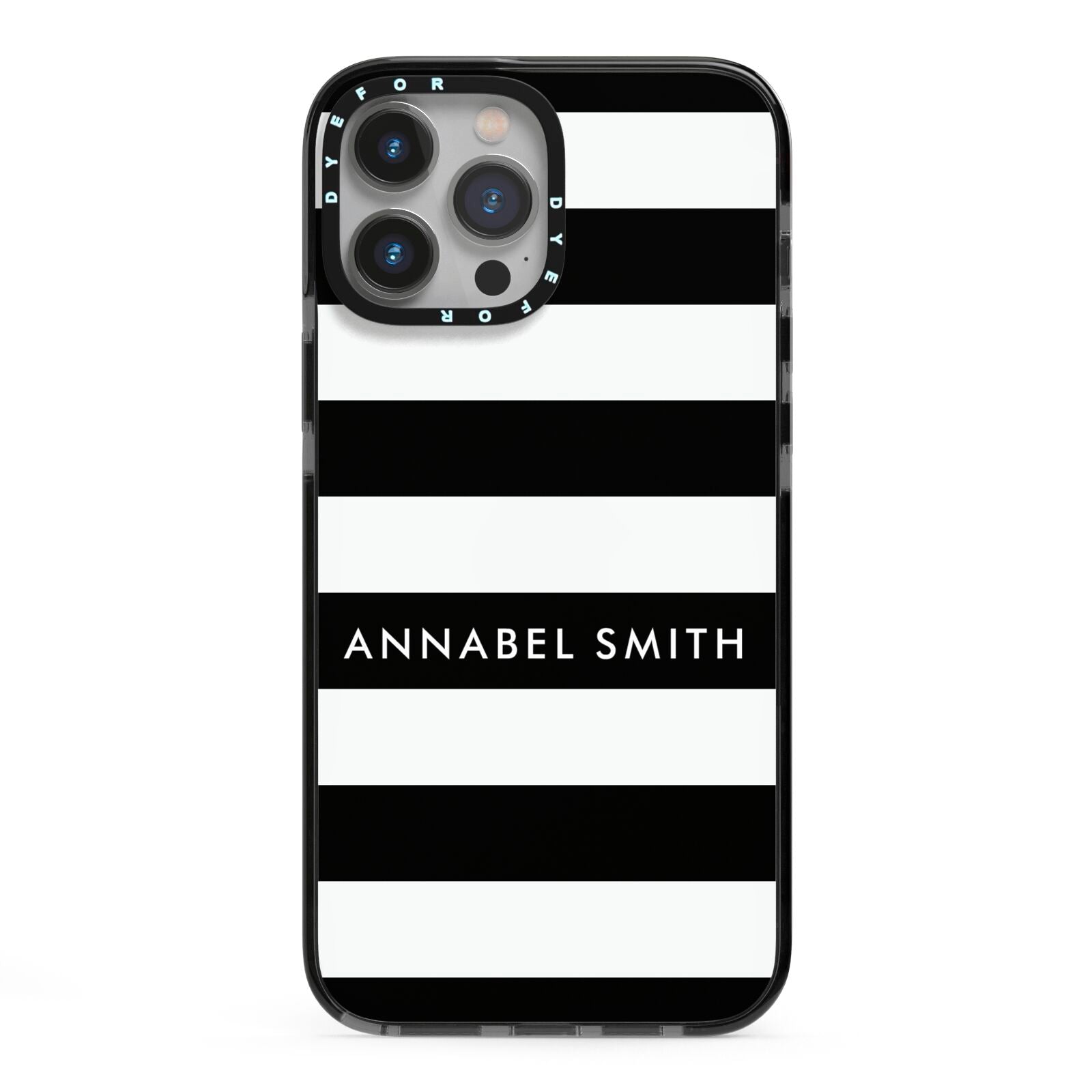 Personalised Black Striped Name or Initials iPhone 13 Pro Max Black Impact Case on Silver phone