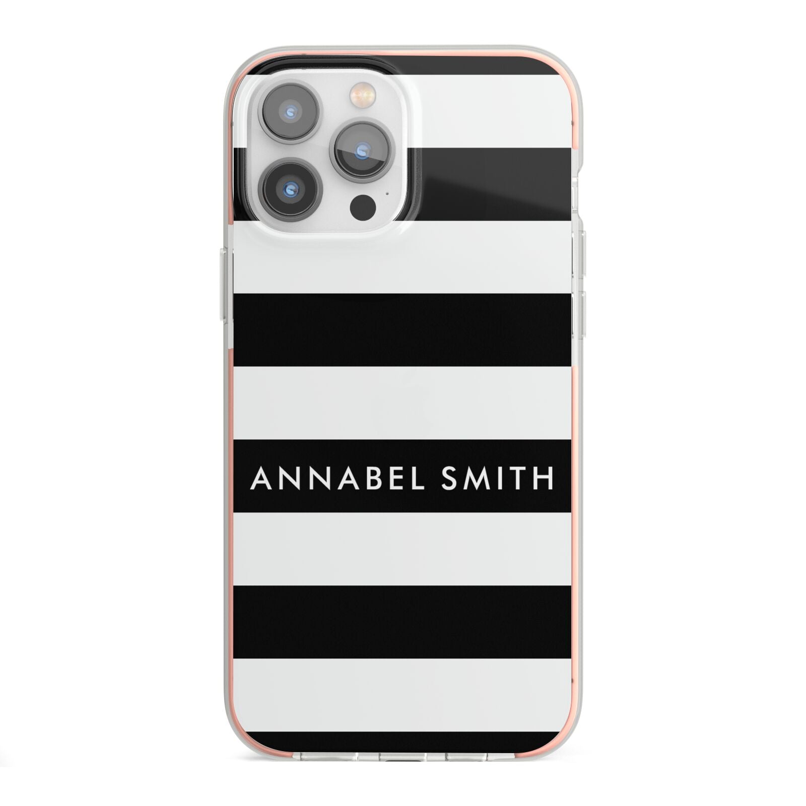 Personalised Black Striped Name or Initials iPhone 13 Pro Max TPU Impact Case with Pink Edges