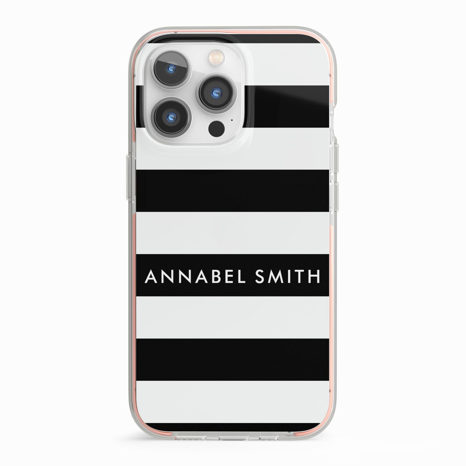 Personalised Black Striped Name or Initials iPhone 13 Pro TPU Impact Case with Pink Edges
