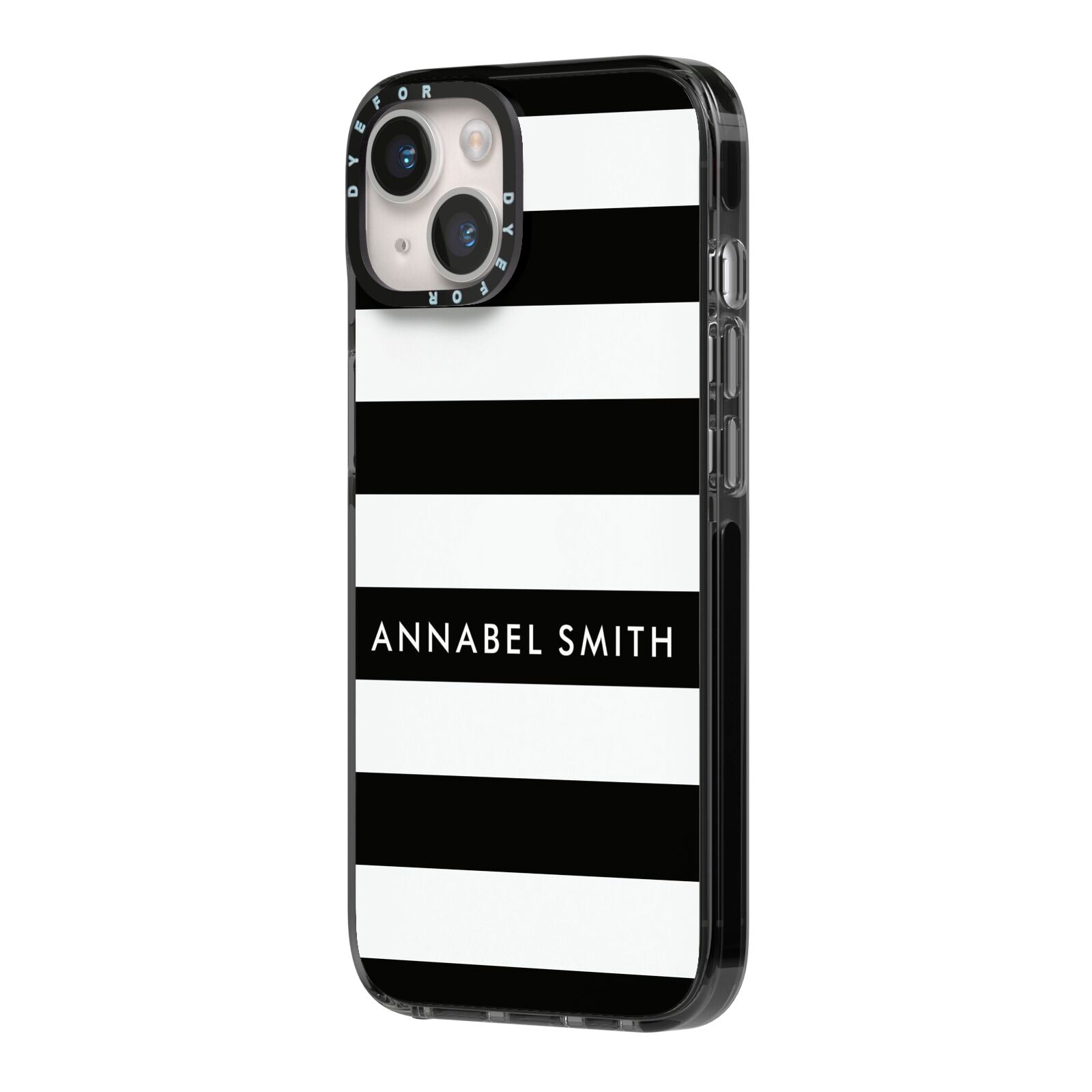Personalised Black Striped Name or Initials iPhone 14 Black Impact Case Side Angle on Silver phone