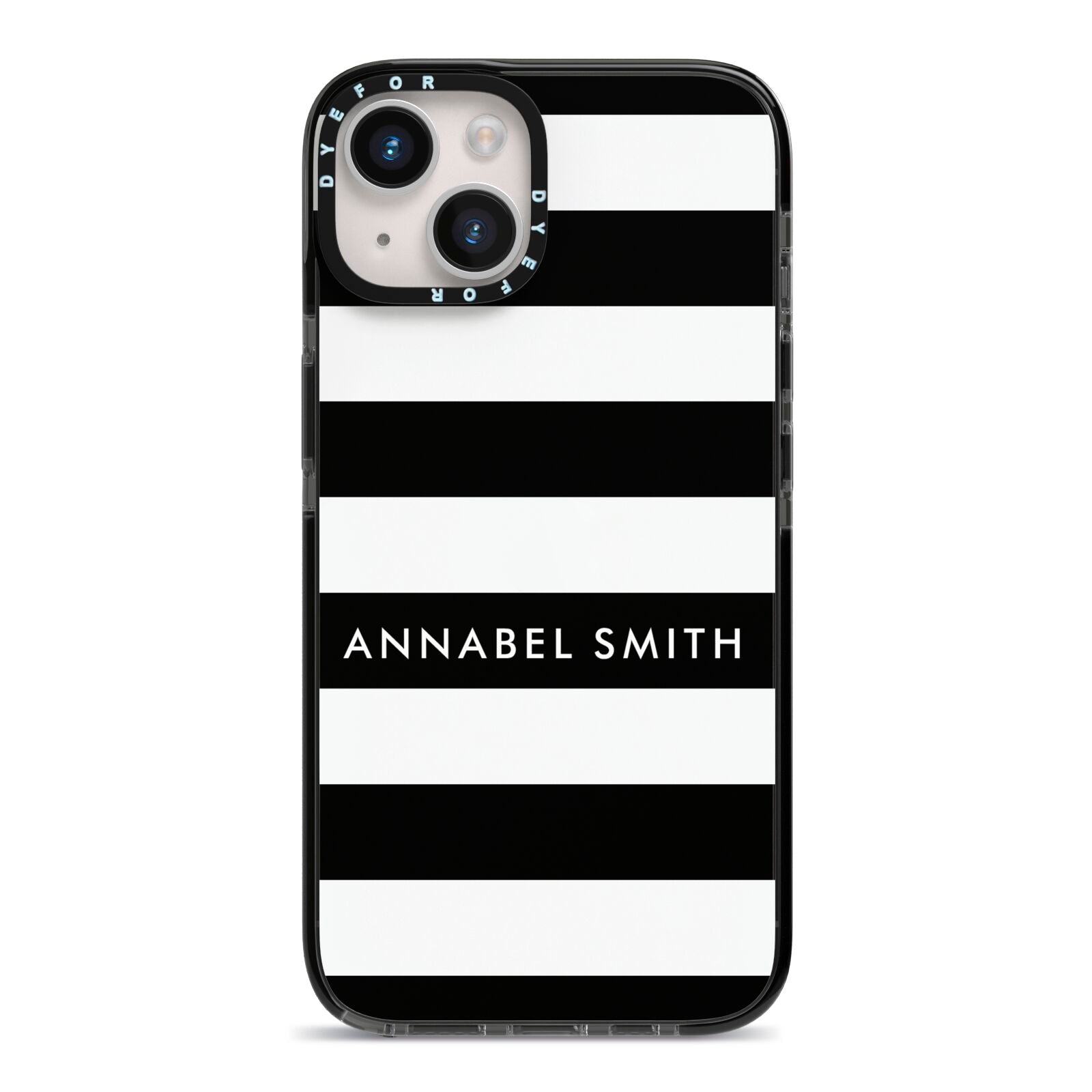 Personalised Black Striped Name or Initials iPhone 14 Black Impact Case on Silver phone