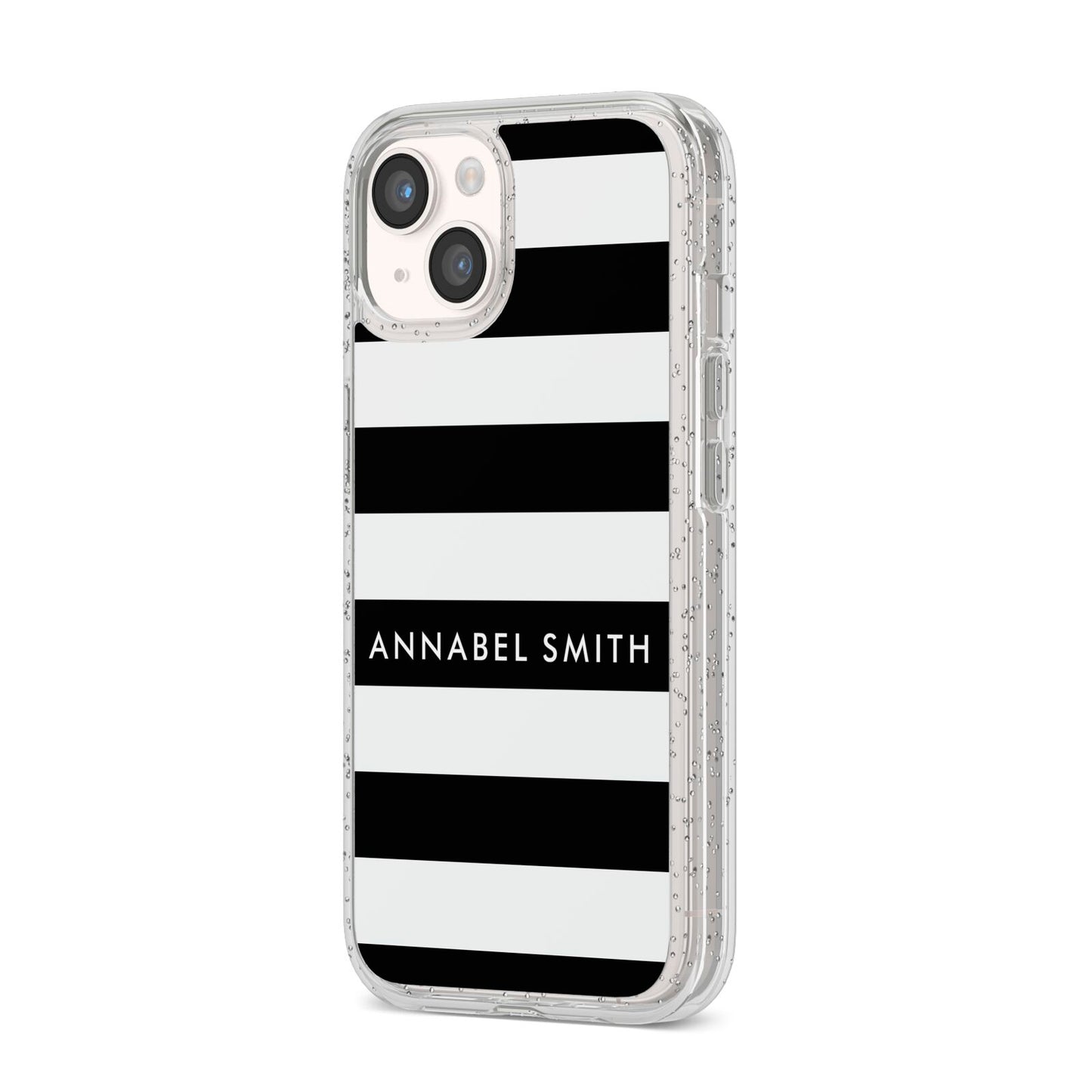 Personalised Black Striped Name or Initials iPhone 14 Glitter Tough Case Starlight Angled Image