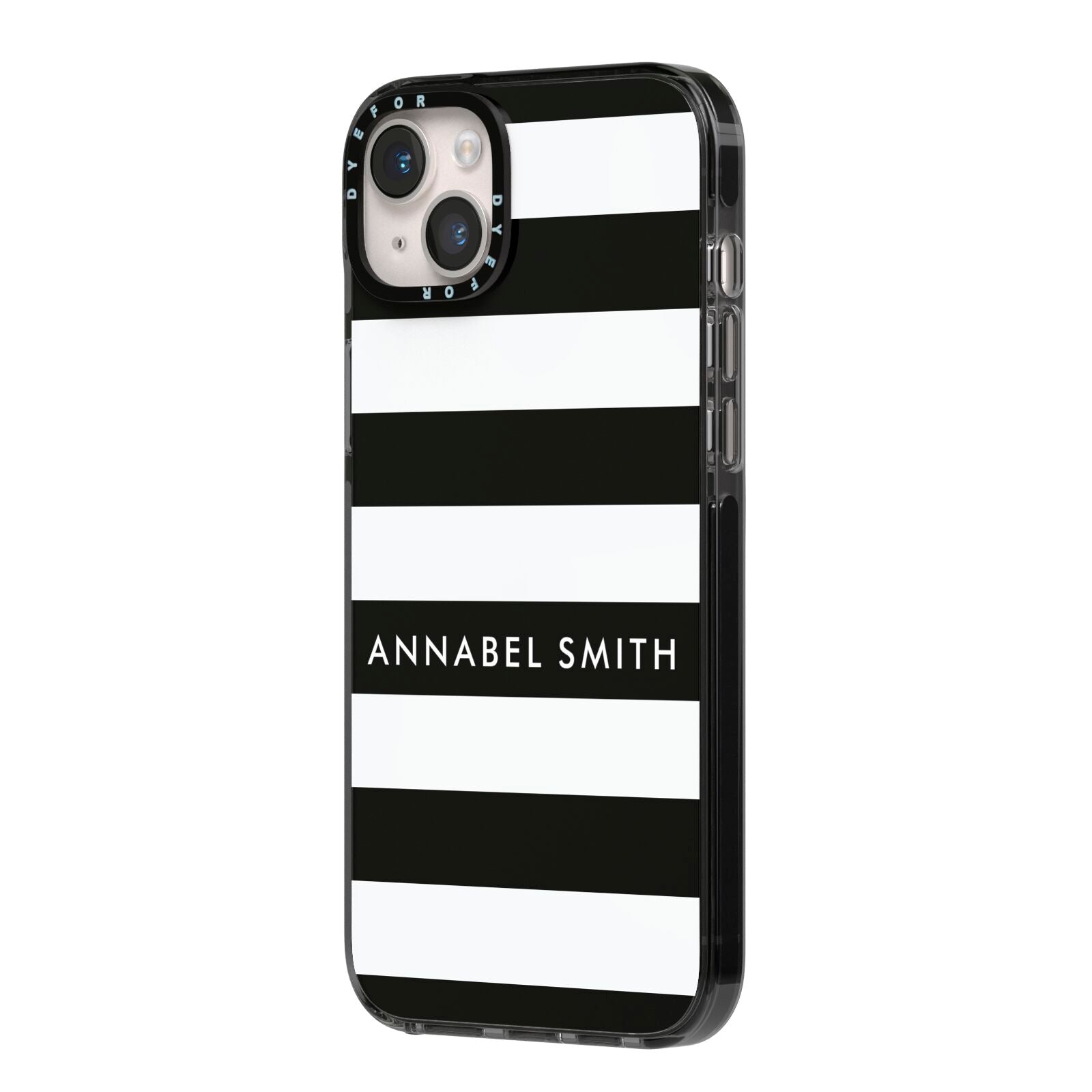 Personalised Black Striped Name or Initials iPhone 14 Plus Black Impact Case Side Angle on Silver phone