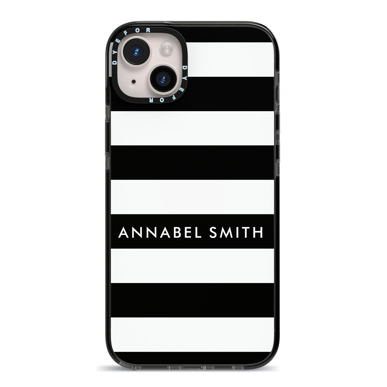 Personalised Black Striped Name or Initials iPhone 14 Plus Black Impact Case on Silver phone