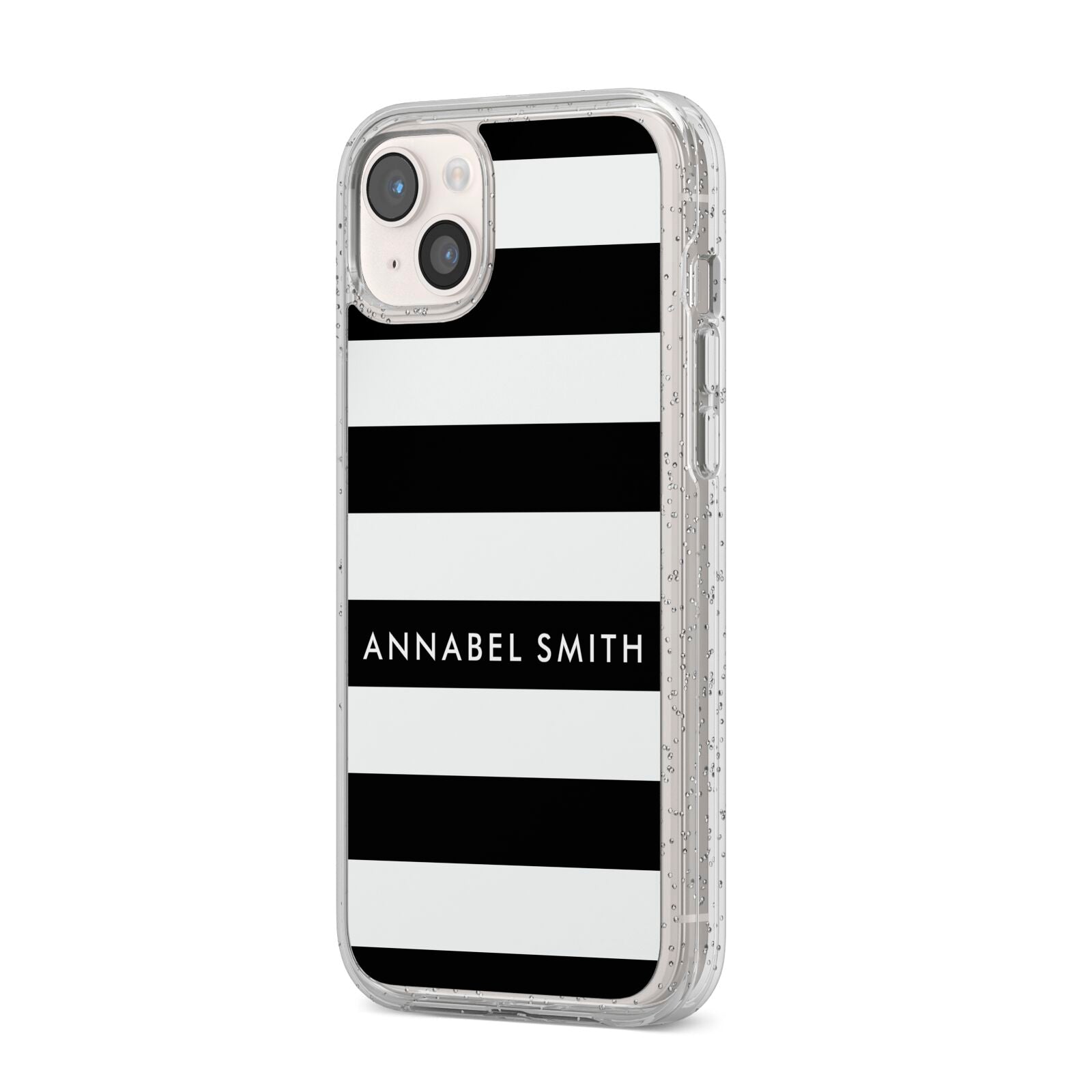 Personalised Black Striped Name or Initials iPhone 14 Plus Glitter Tough Case Starlight Angled Image