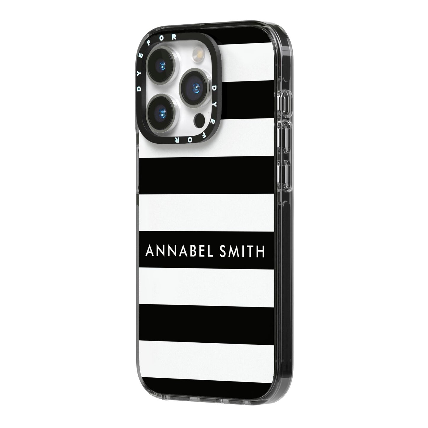 Personalised Black Striped Name or Initials iPhone 14 Pro Black Impact Case Side Angle on Silver phone