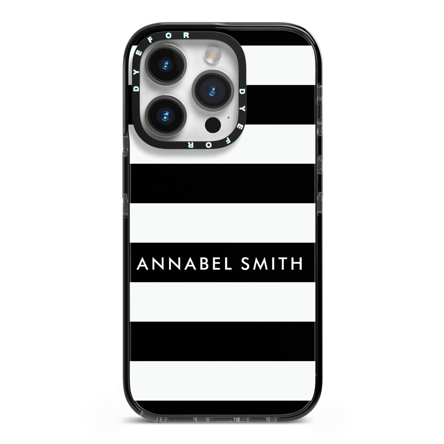 Personalised Black Striped Name or Initials iPhone 14 Pro Black Impact Case on Silver phone