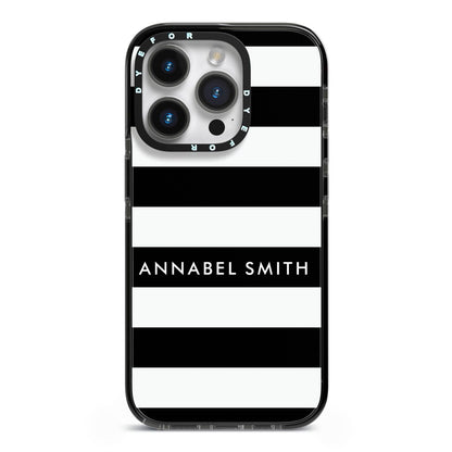 Personalised Black Striped Name or Initials iPhone 14 Pro Black Impact Case on Silver phone