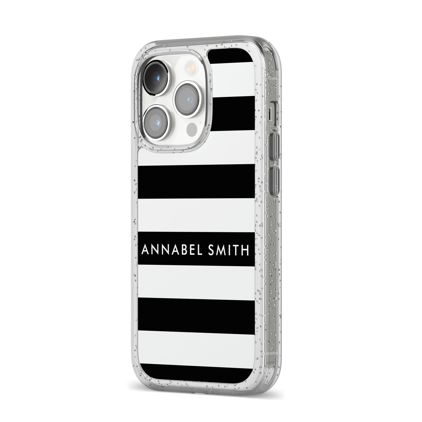 Personalised Black Striped Name or Initials iPhone 14 Pro Glitter Tough Case Silver Angled Image