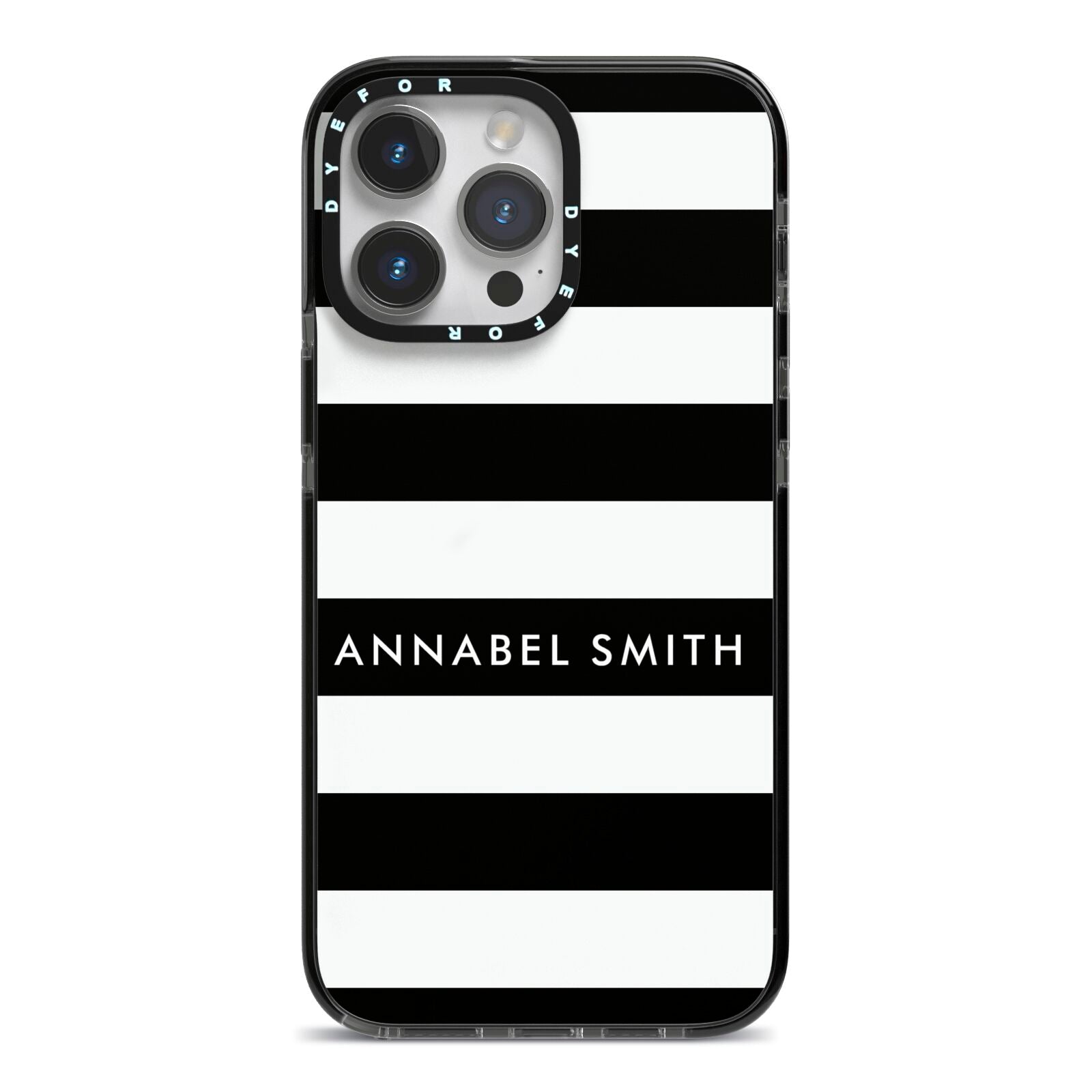 Personalised Black Striped Name or Initials iPhone 14 Pro Max Black Impact Case on Silver phone