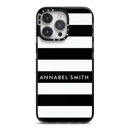 Personalised Black Striped Name or Initials iPhone 14 Pro Max Black Impact Case on Silver phone