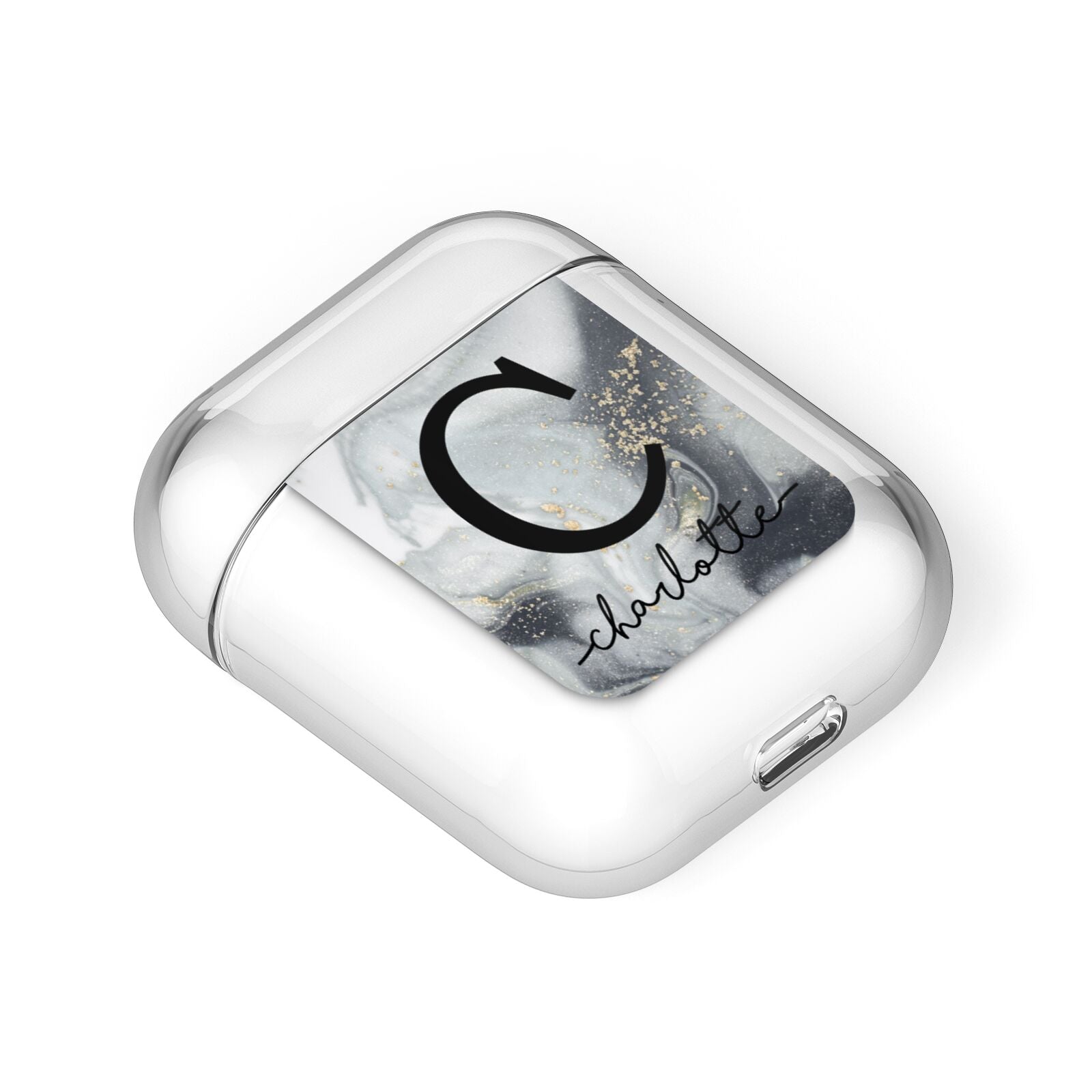 Personalised Black Swirl Marble Text AirPods Case Laid Flat