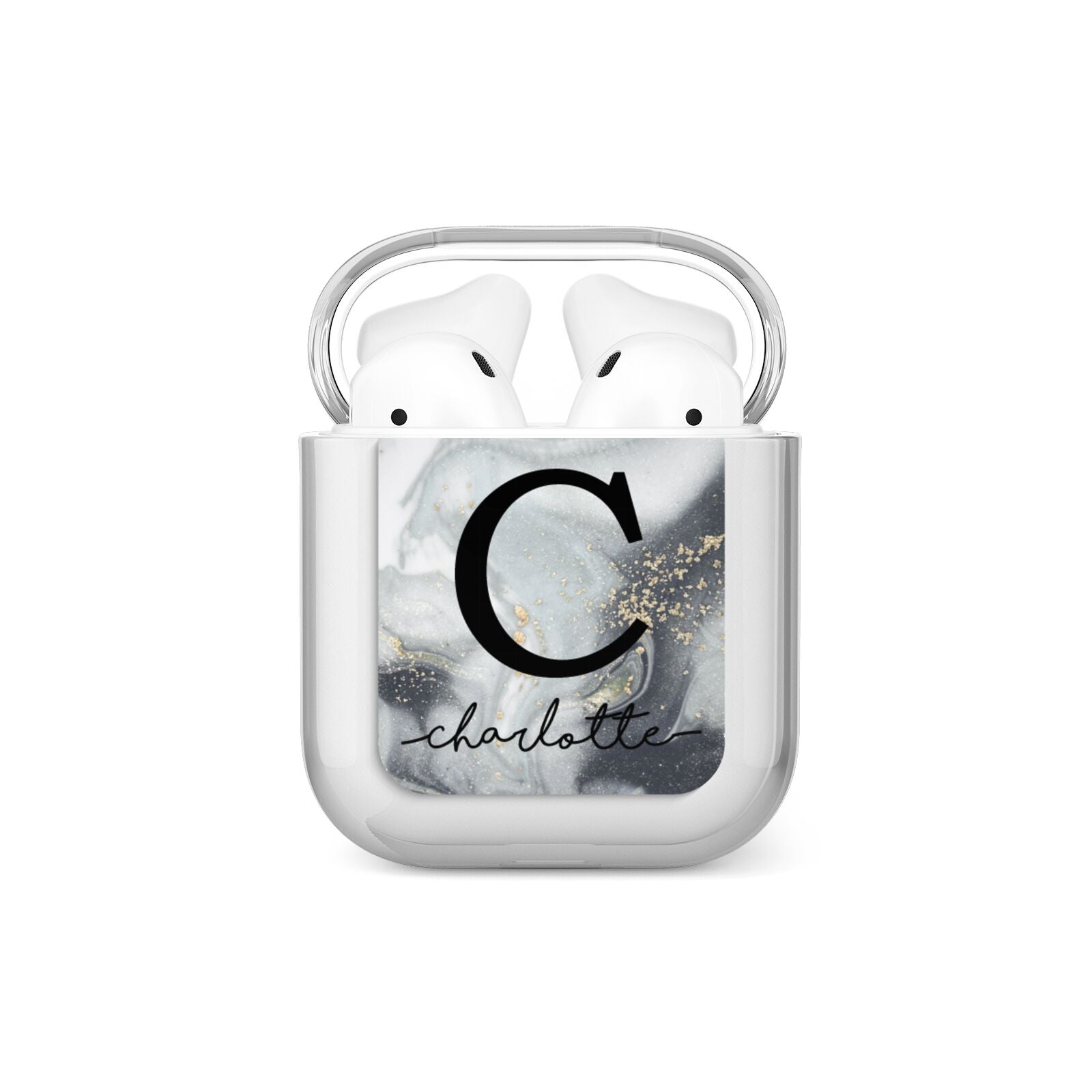Personalised Black Swirl Marble Text AirPods Case
