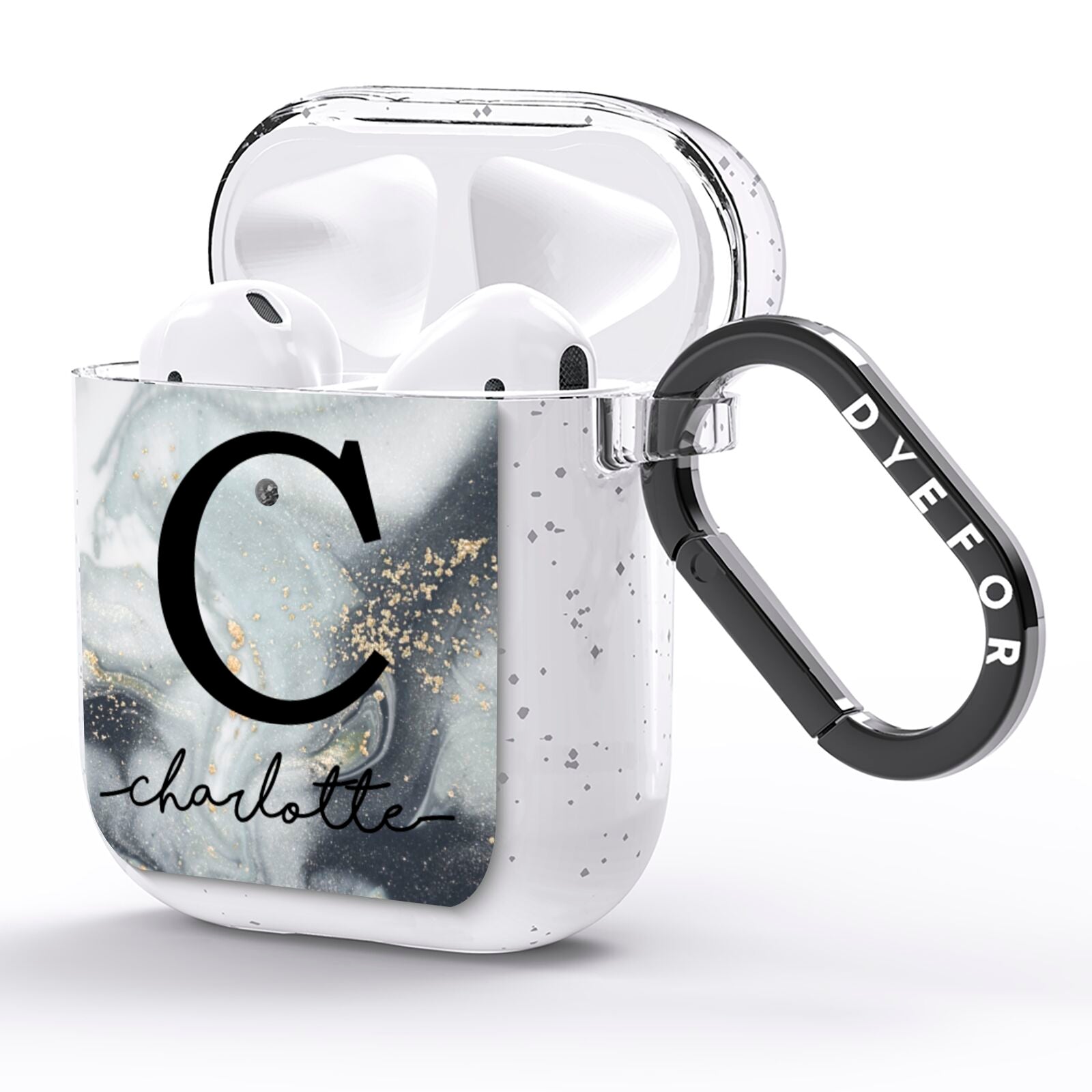 Personalised Black Swirl Marble Text AirPods Glitter Case Side Image
