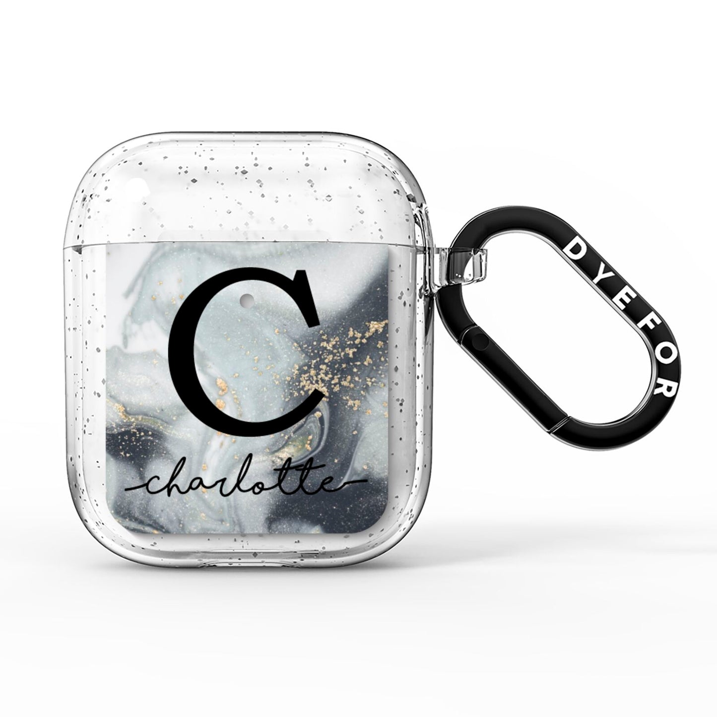 Personalised Black Swirl Marble Text AirPods Glitter Case