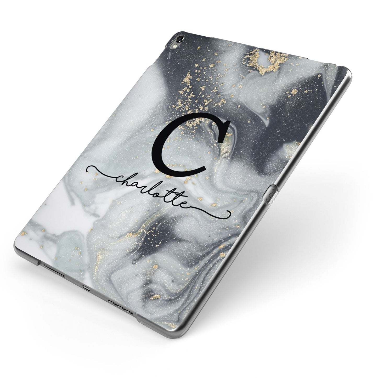 Personalised Black Swirl Marble Text Apple iPad Case on Grey iPad Side View