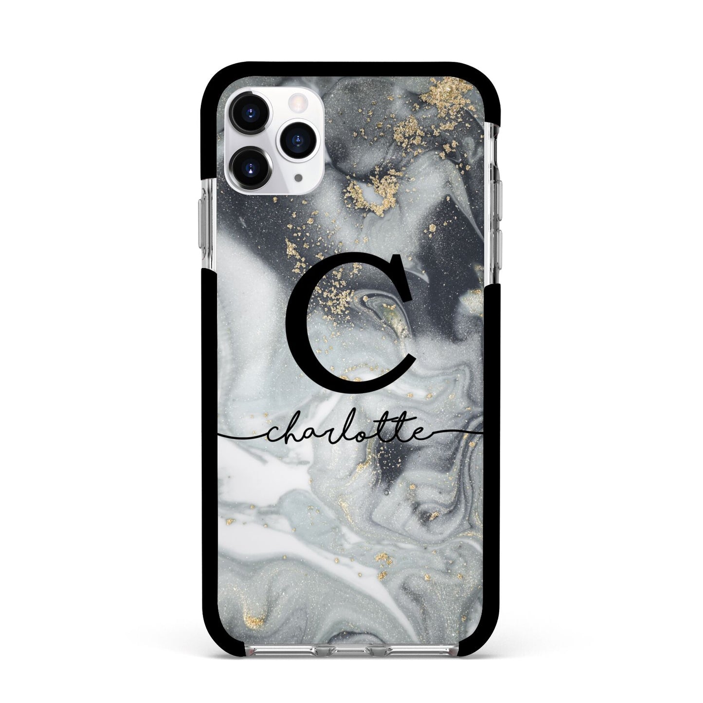 Personalised Black Swirl Marble Text Apple iPhone 11 Pro Max in Silver with Black Impact Case