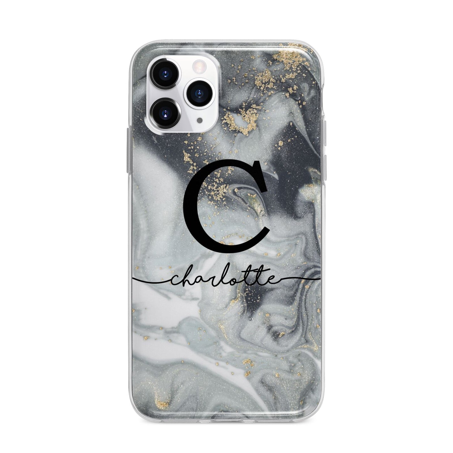 Personalised Black Swirl Marble Text Apple iPhone 11 Pro Max in Silver with Bumper Case