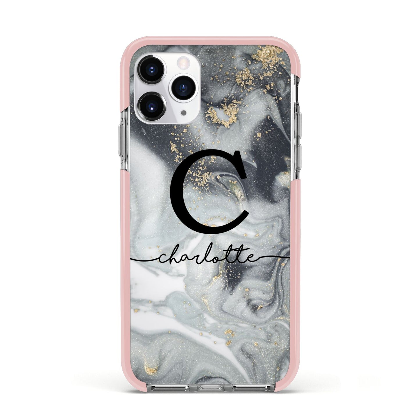 Personalised Black Swirl Marble Text Apple iPhone 11 Pro in Silver with Pink Impact Case