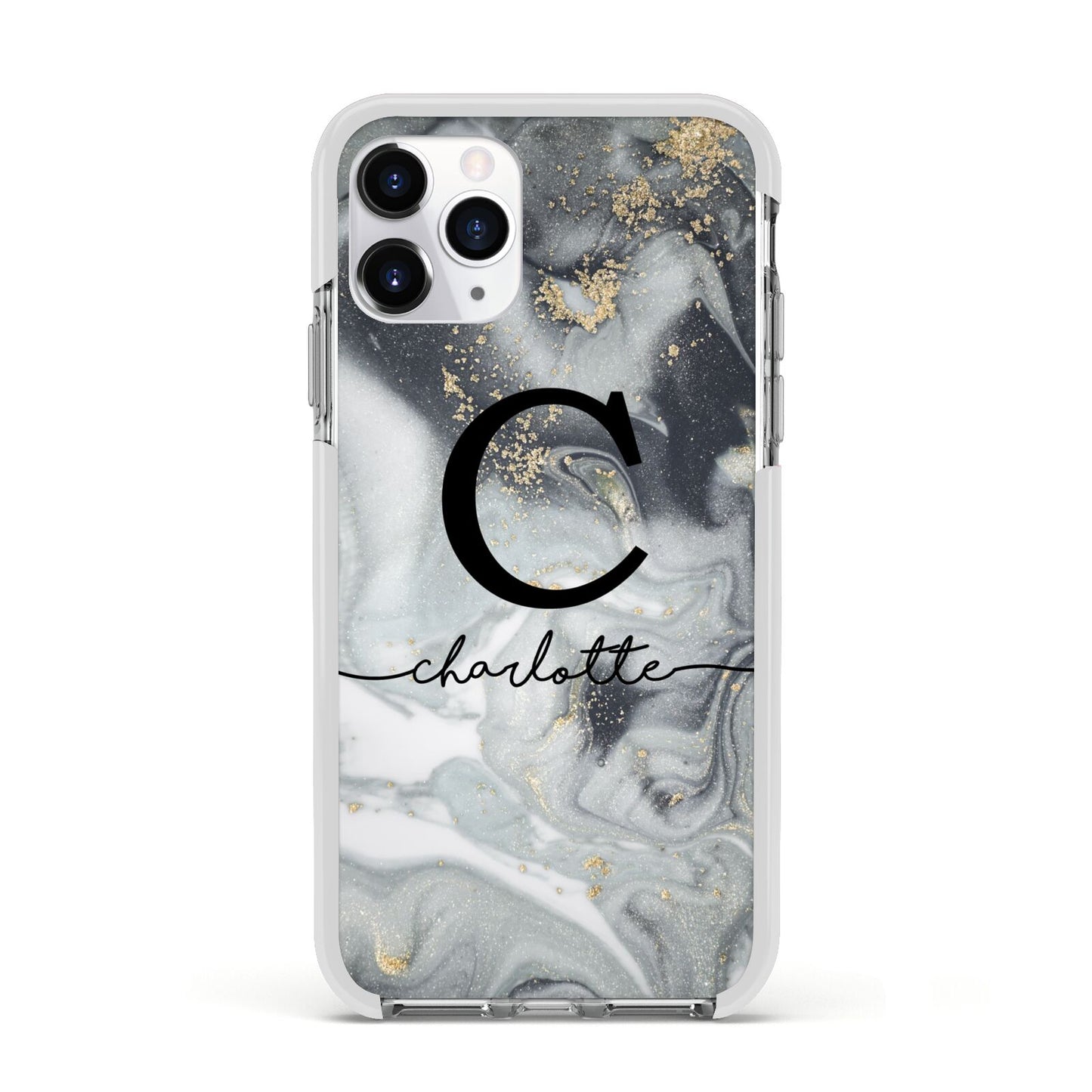Personalised Black Swirl Marble Text Apple iPhone 11 Pro in Silver with White Impact Case