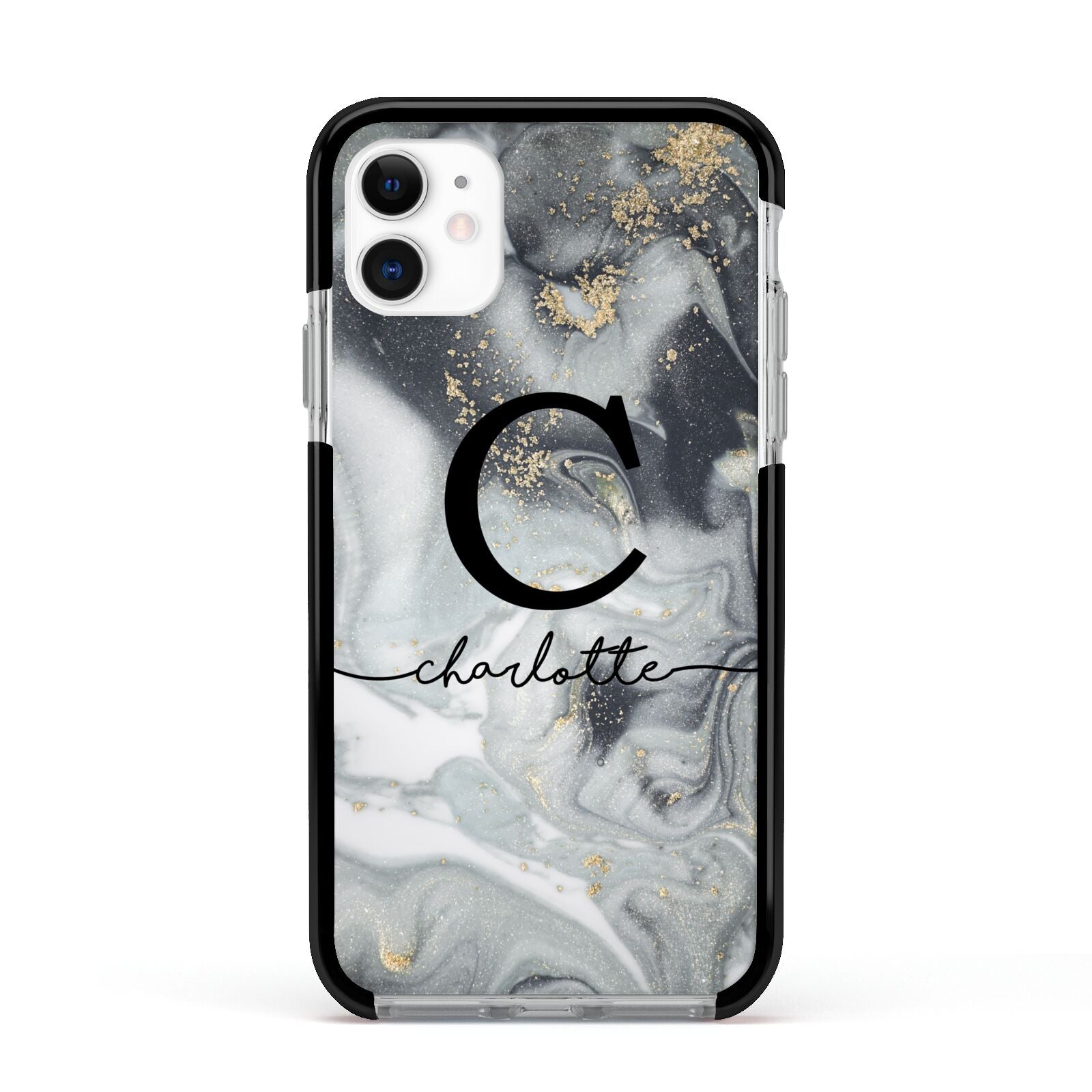 Personalised Black Swirl Marble Text Apple iPhone 11 in White with Black Impact Case