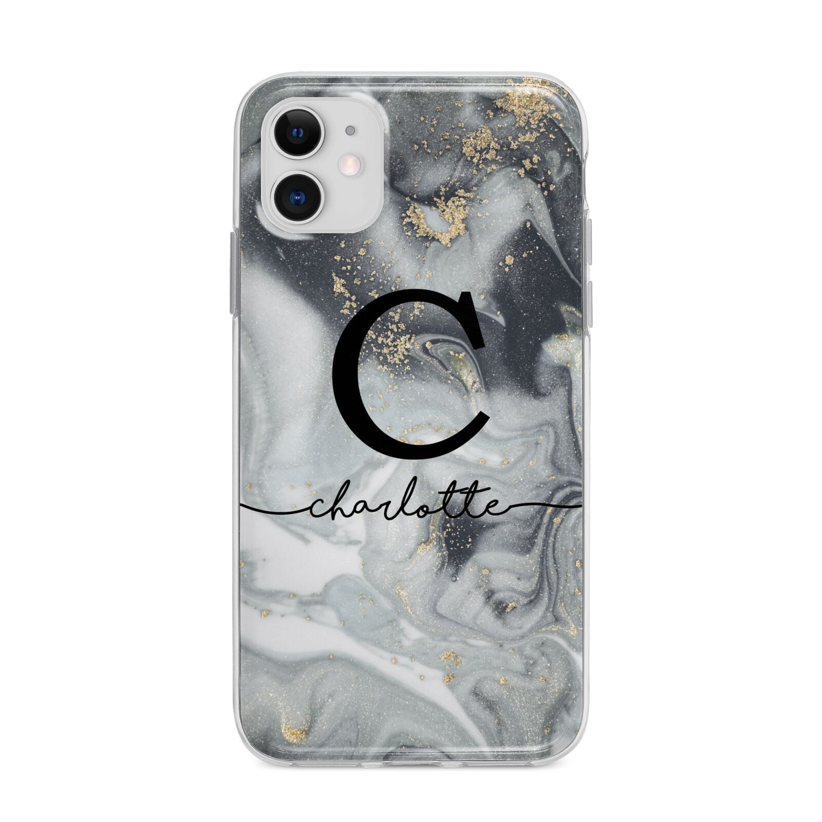 Personalised Black Swirl Marble Text Apple iPhone 11 in White with Bumper Case