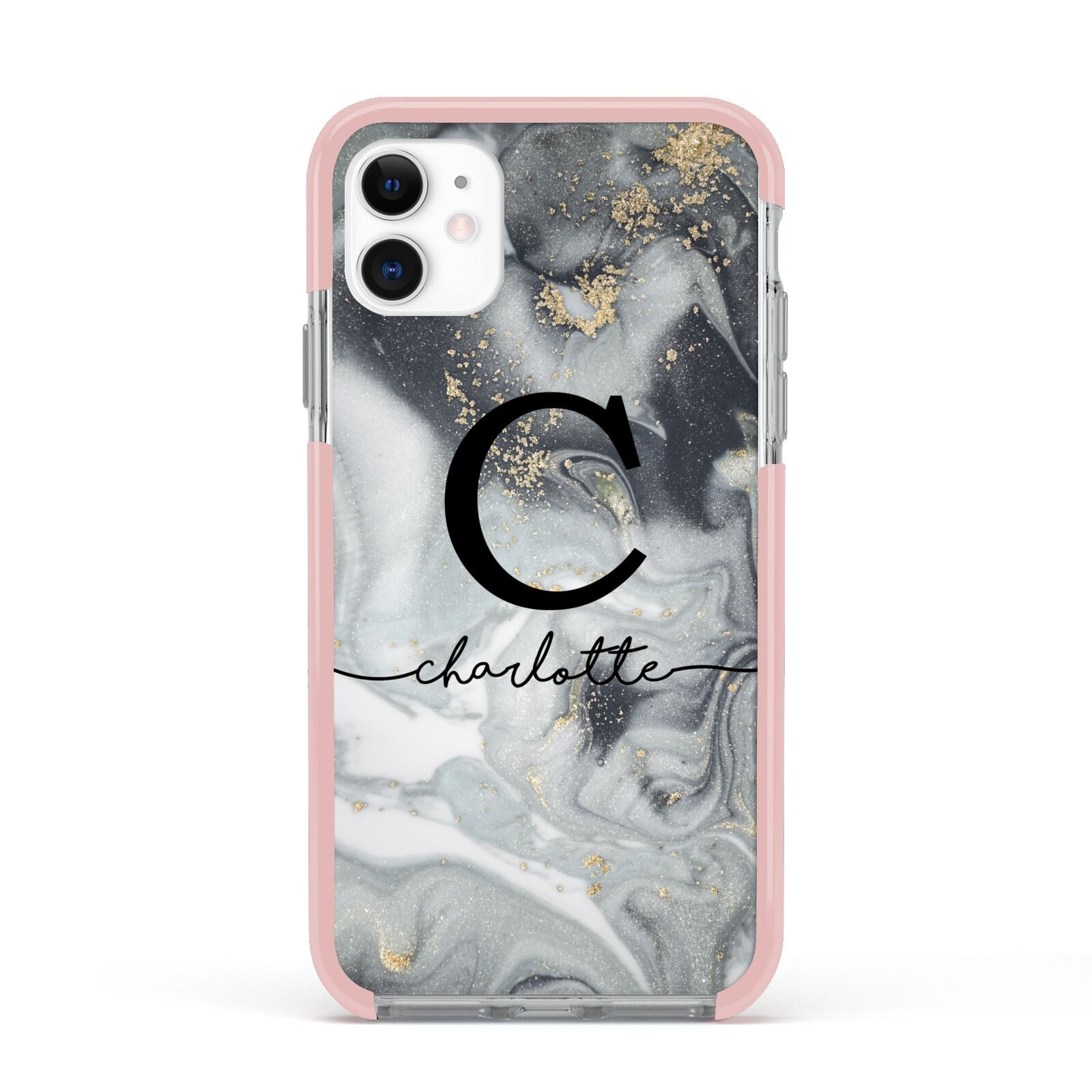 Personalised Black Swirl Marble Text Apple iPhone 11 in White with Pink Impact Case