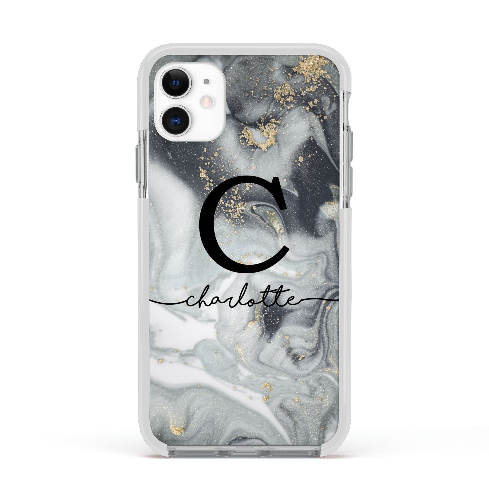 Personalised Black Swirl Marble Text Apple iPhone 11 in White with White Impact Case