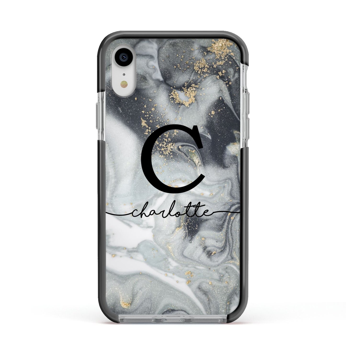 Personalised Black Swirl Marble Text Apple iPhone XR Impact Case Black Edge on Silver Phone
