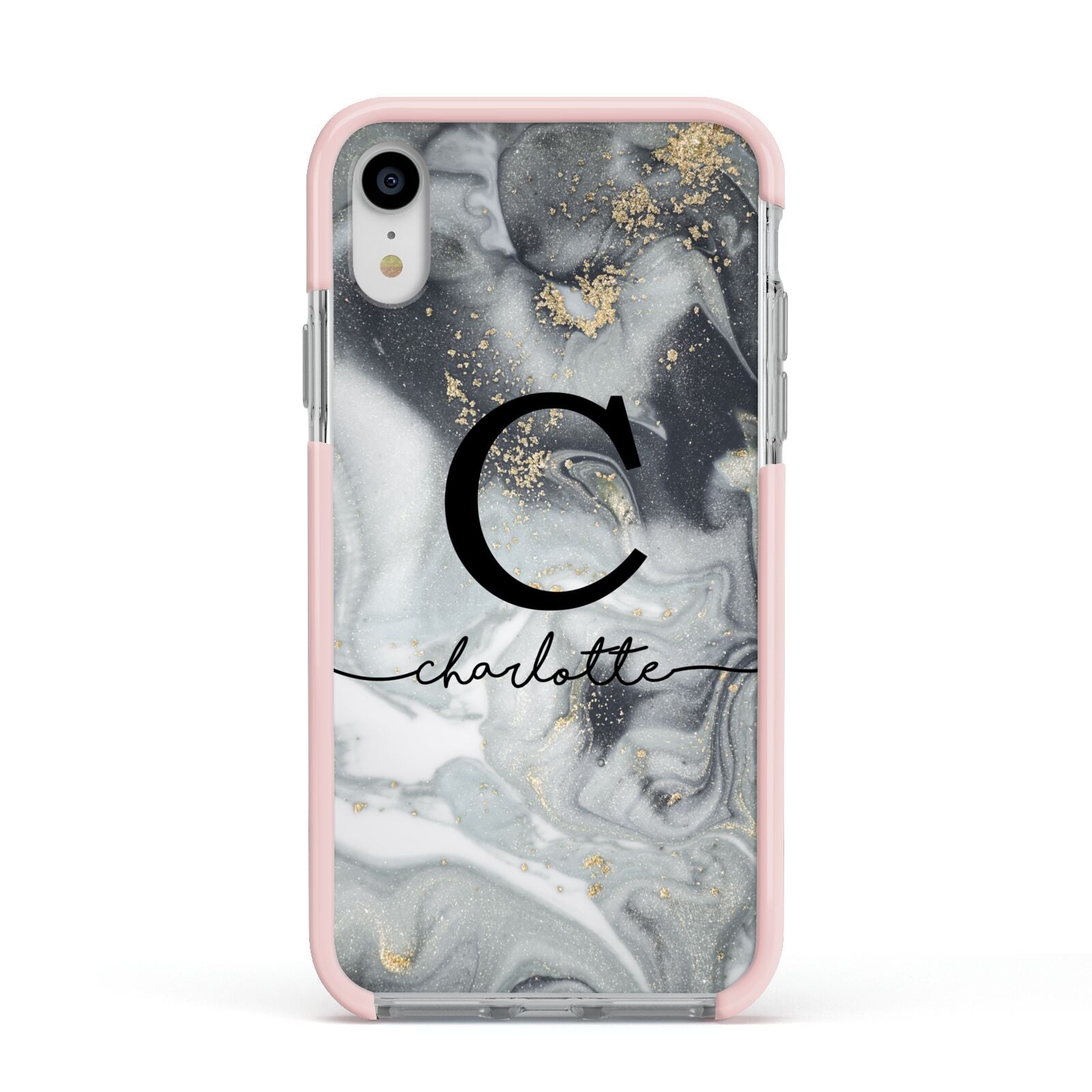 Personalised Black Swirl Marble Text Apple iPhone XR Impact Case Pink Edge on Silver Phone