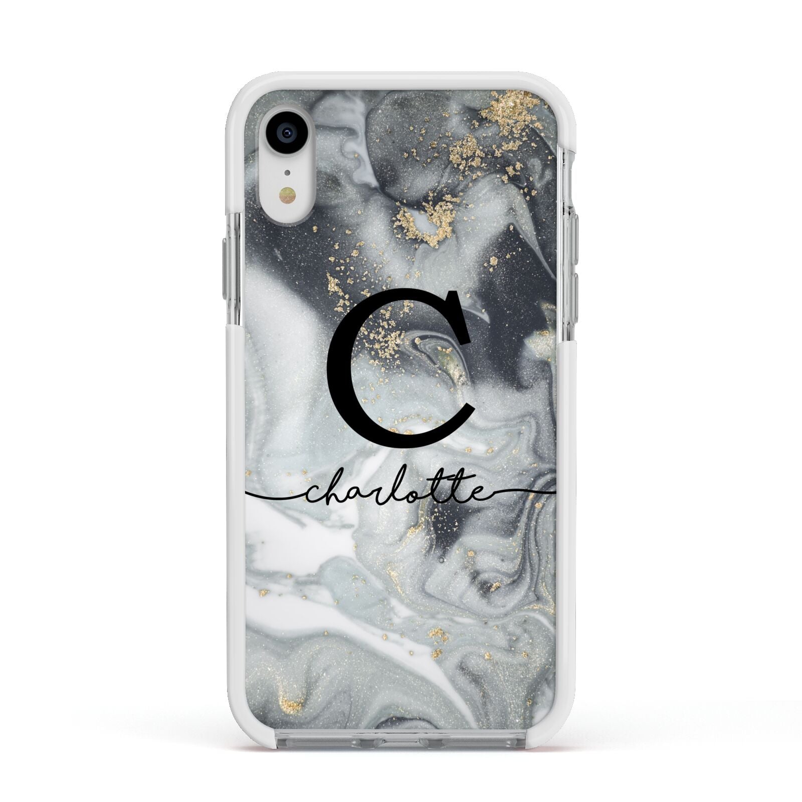 Personalised Black Swirl Marble Text Apple iPhone XR Impact Case White Edge on Silver Phone