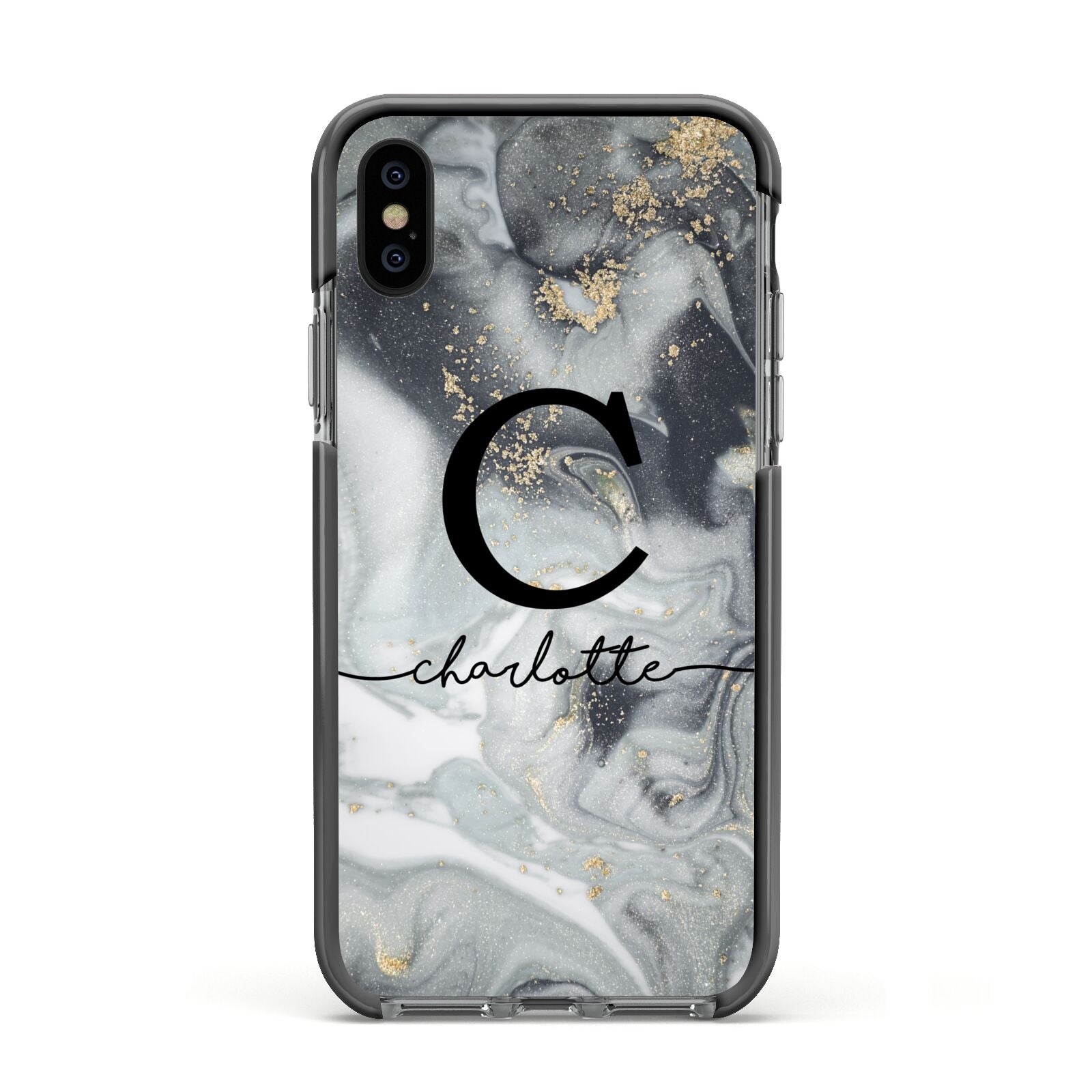 Personalised Black Swirl Marble Text Apple iPhone Xs Impact Case Black Edge on Black Phone