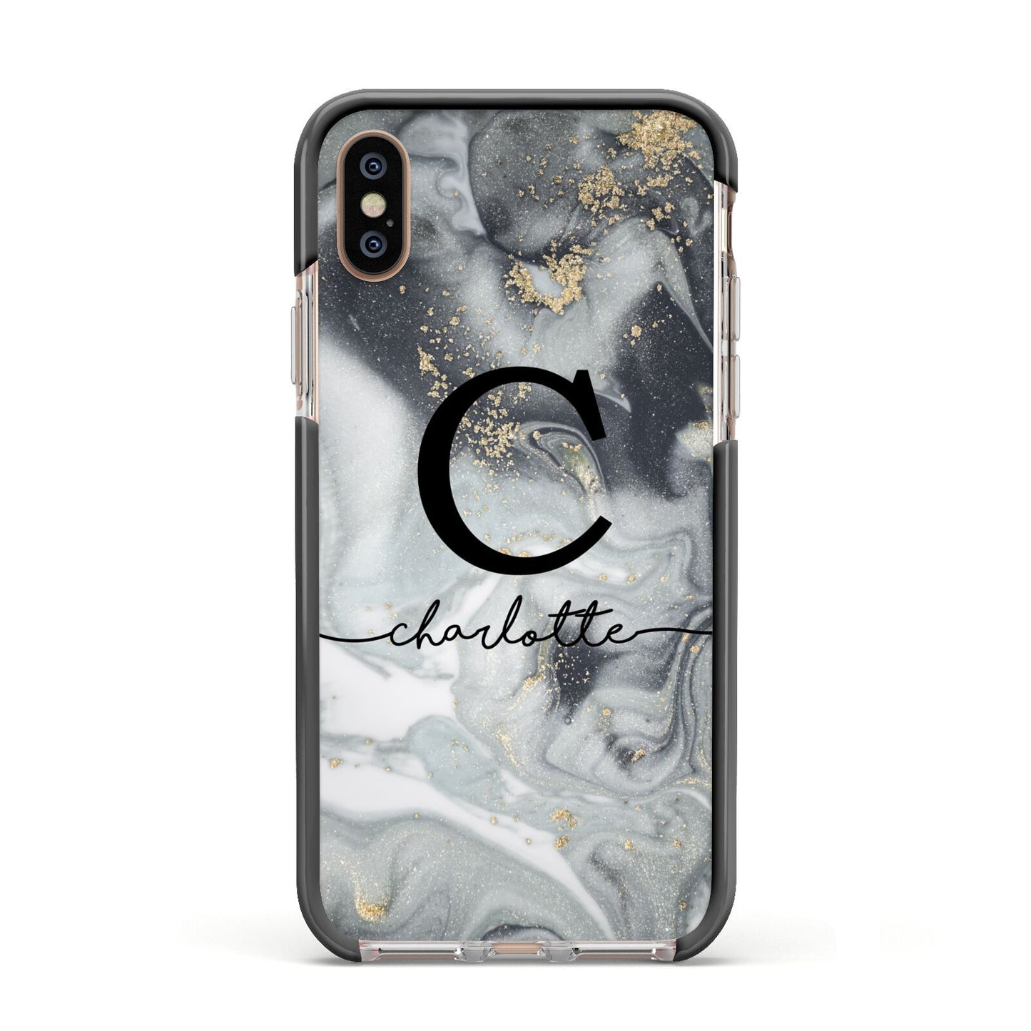 Personalised Black Swirl Marble Text Apple iPhone Xs Impact Case Black Edge on Gold Phone