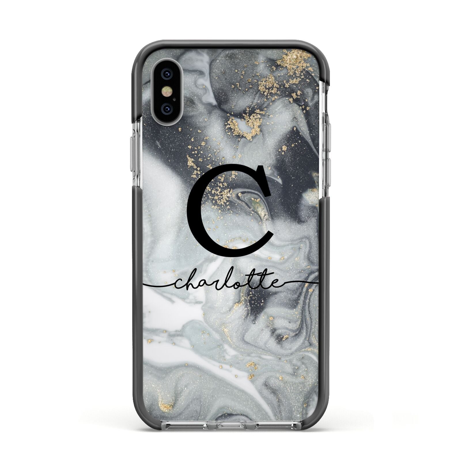 Personalised Black Swirl Marble Text Apple iPhone Xs Impact Case Black Edge on Silver Phone