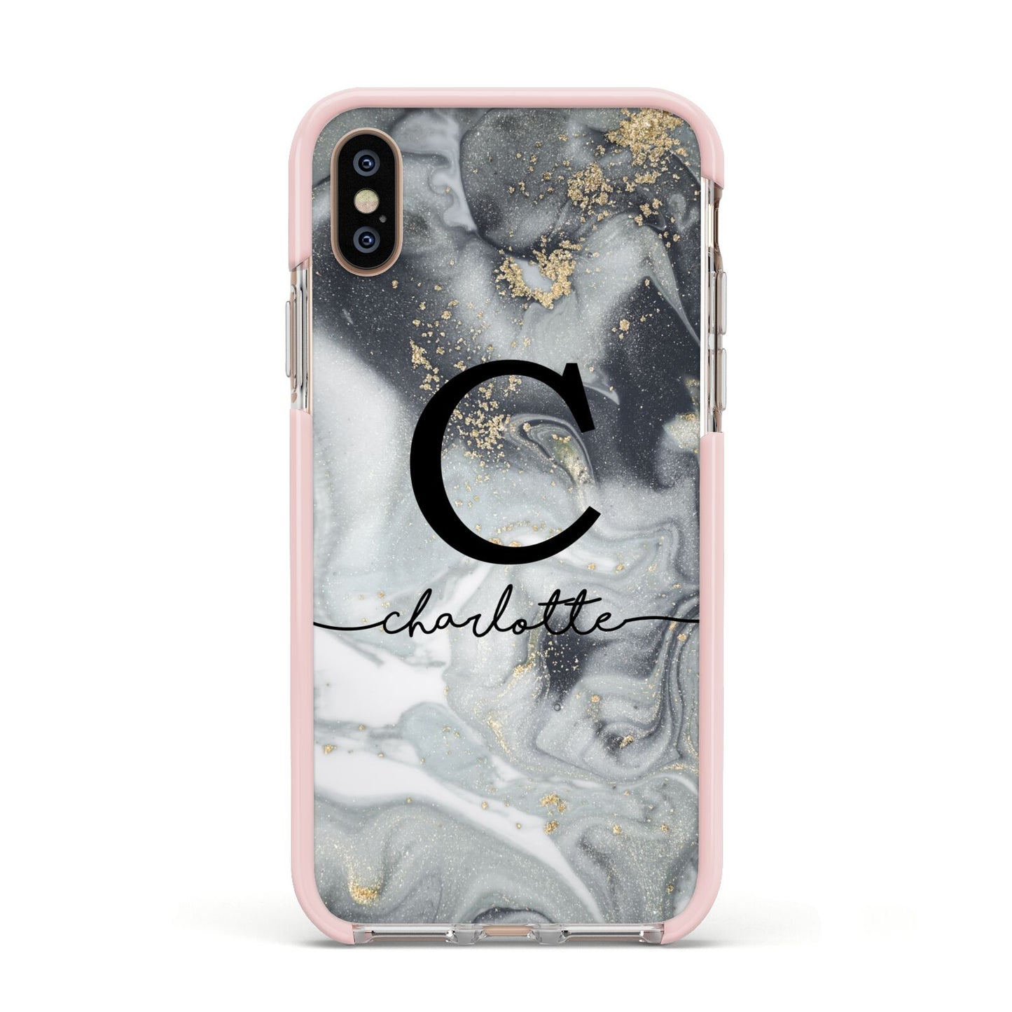 Personalised Black Swirl Marble Text Apple iPhone Xs Impact Case Pink Edge on Gold Phone
