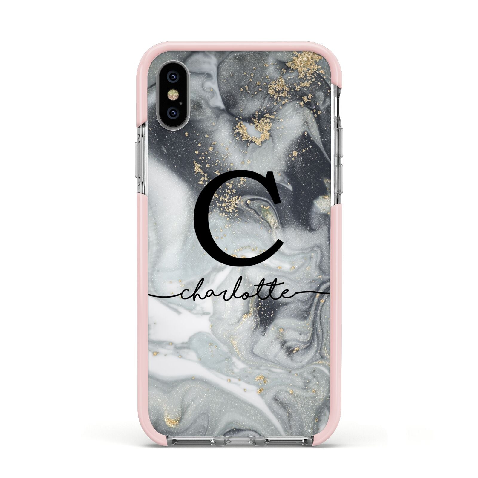 Personalised Black Swirl Marble Text Apple iPhone Xs Impact Case Pink Edge on Silver Phone