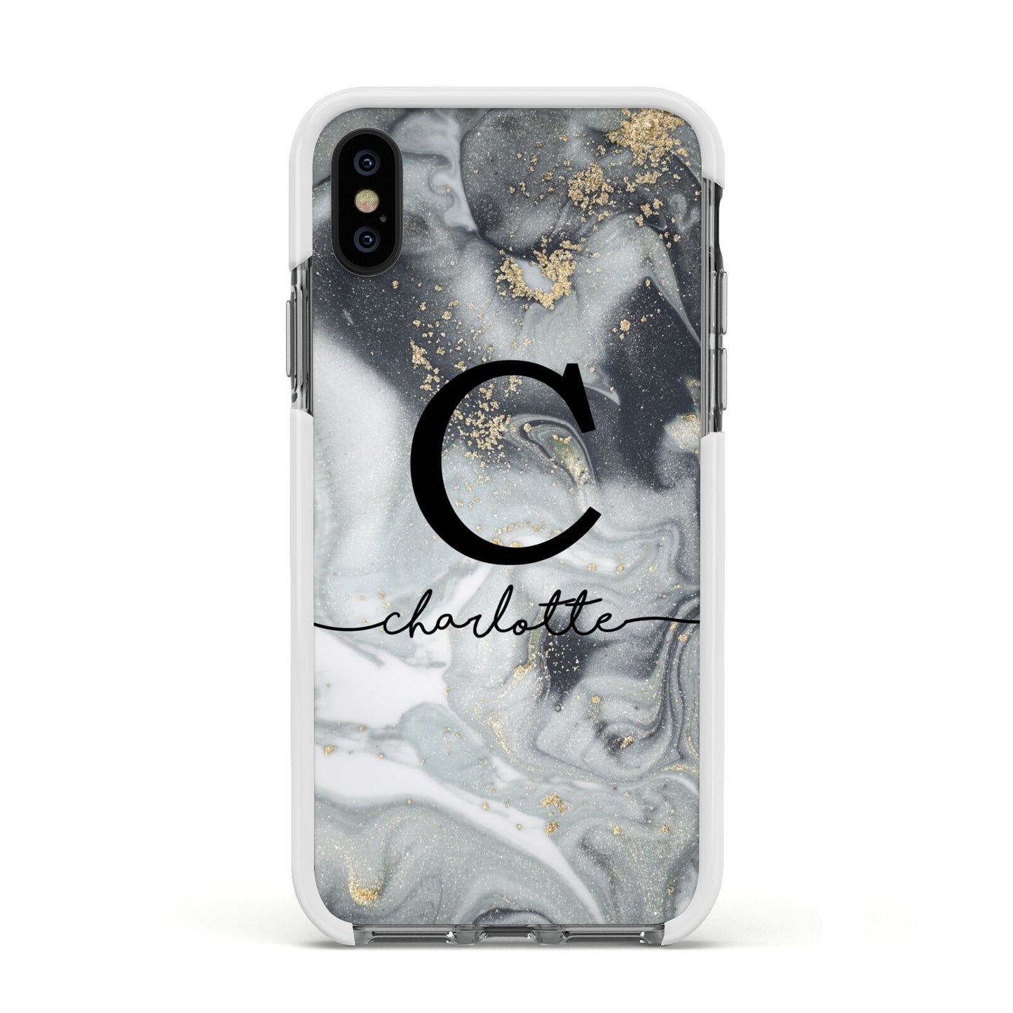 Personalised Black Swirl Marble Text Apple iPhone Xs Impact Case White Edge on Black Phone