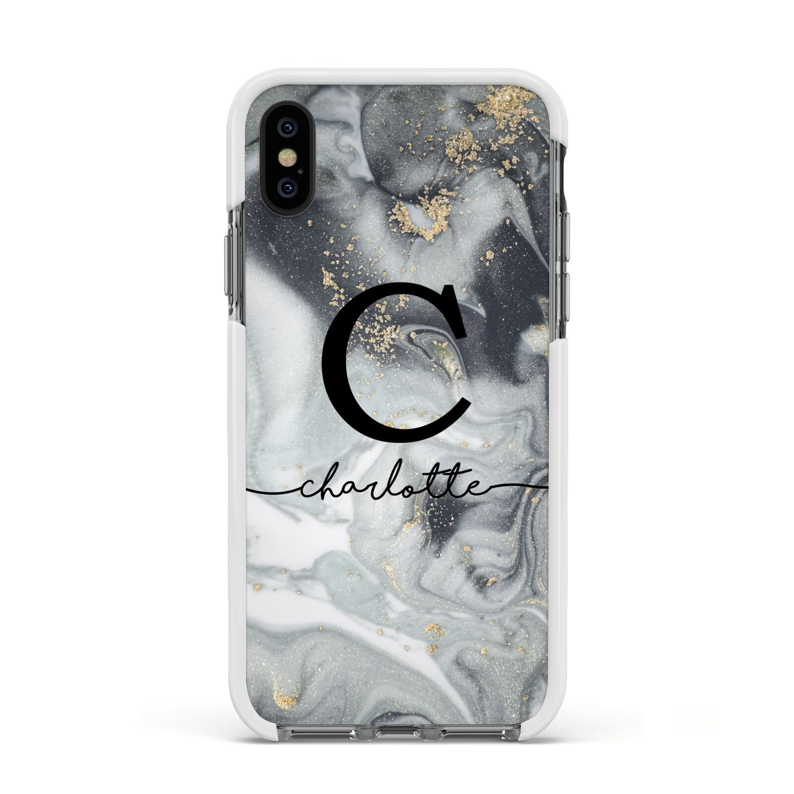 Personalised Black Swirl Marble Text Apple iPhone Xs Impact Case White Edge on Black Phone