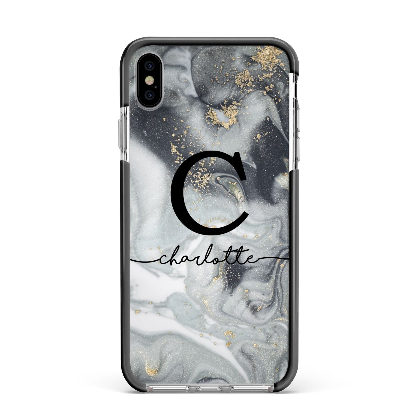 Personalised Black Swirl Marble Text Apple iPhone Xs Max Impact Case Black Edge on Silver Phone