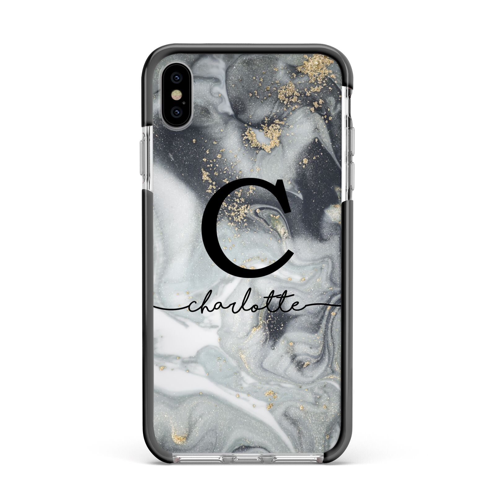 Personalised Black Swirl Marble Text Apple iPhone Xs Max Impact Case Black Edge on Silver Phone